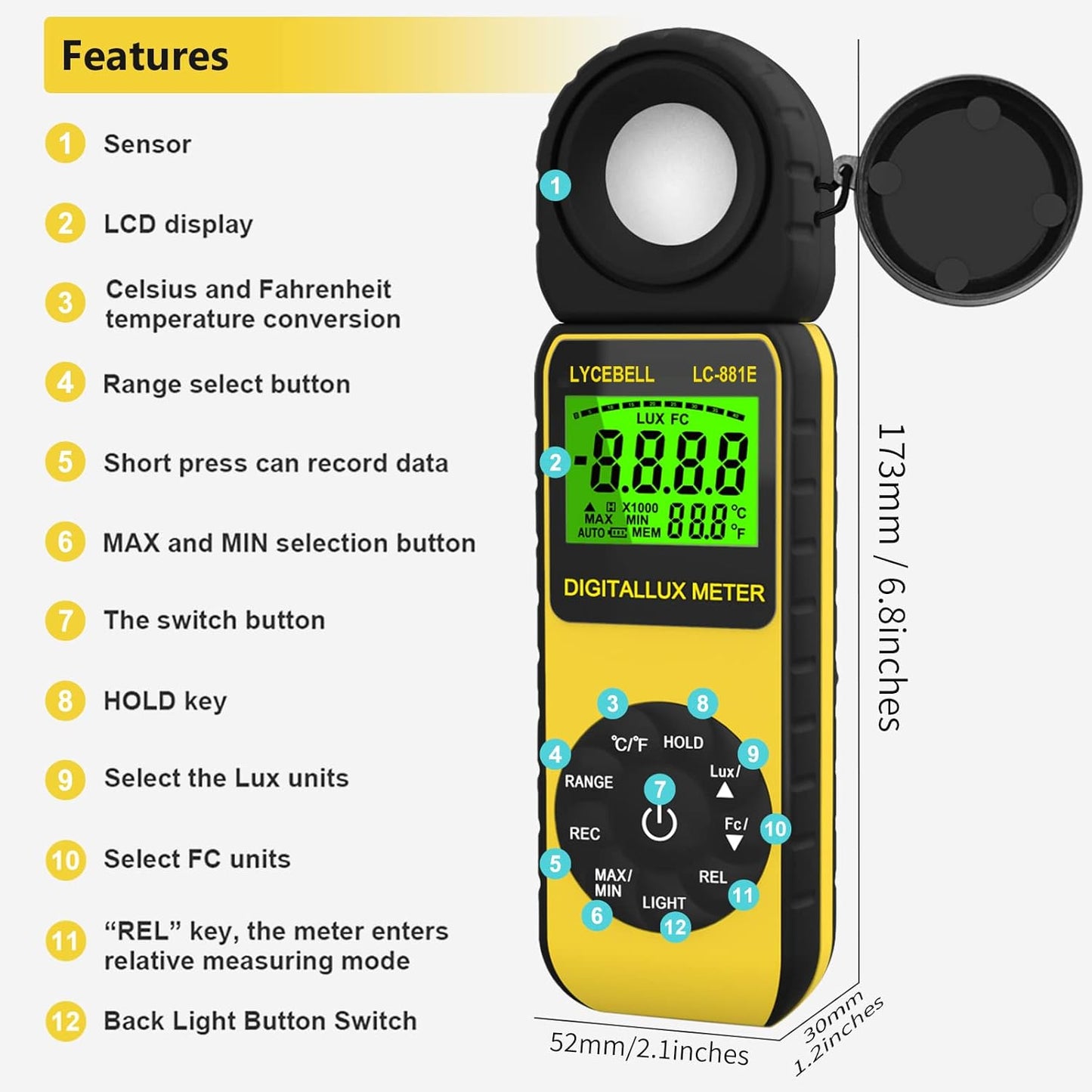Digital Luxmeter LC-881E mit drehbarem Detektor, 300,000 Lux