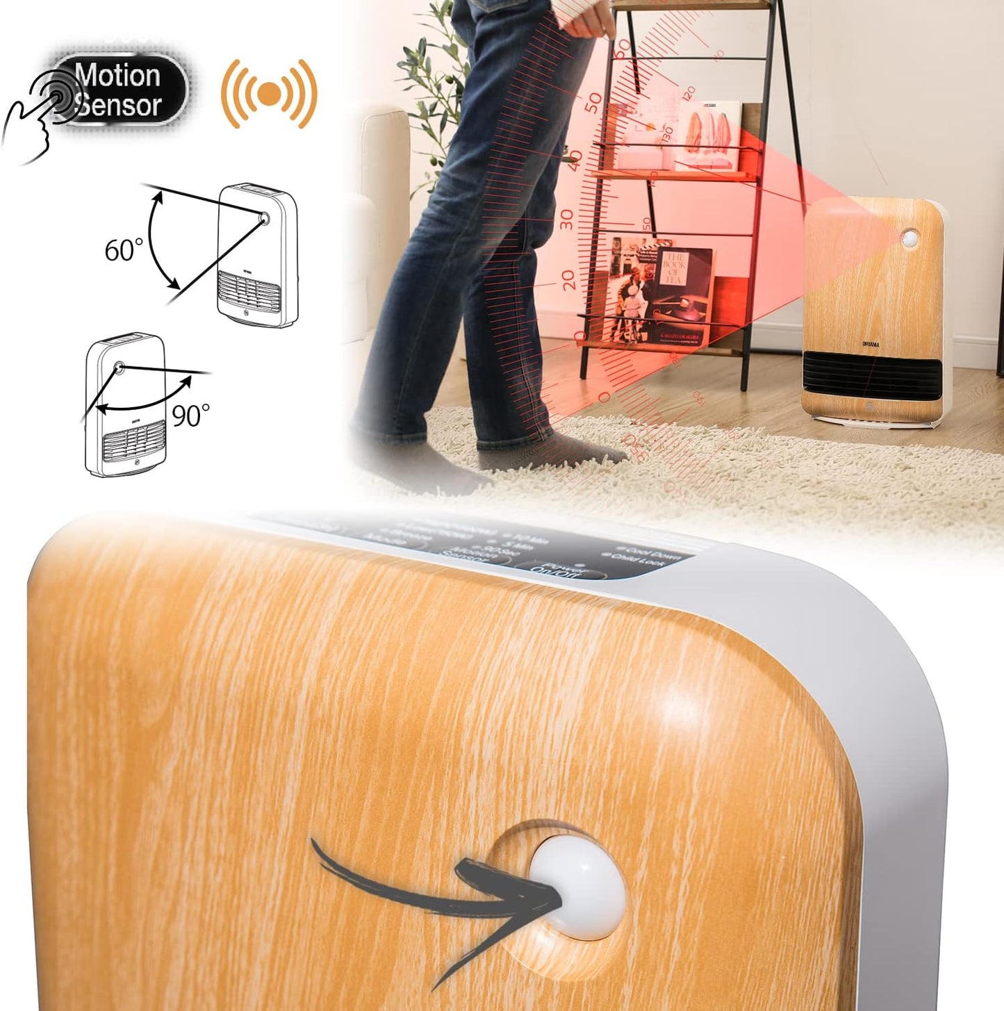 Keramik Heizlüfter mit Bewegungsmelder, 1500W, Timer, Holz