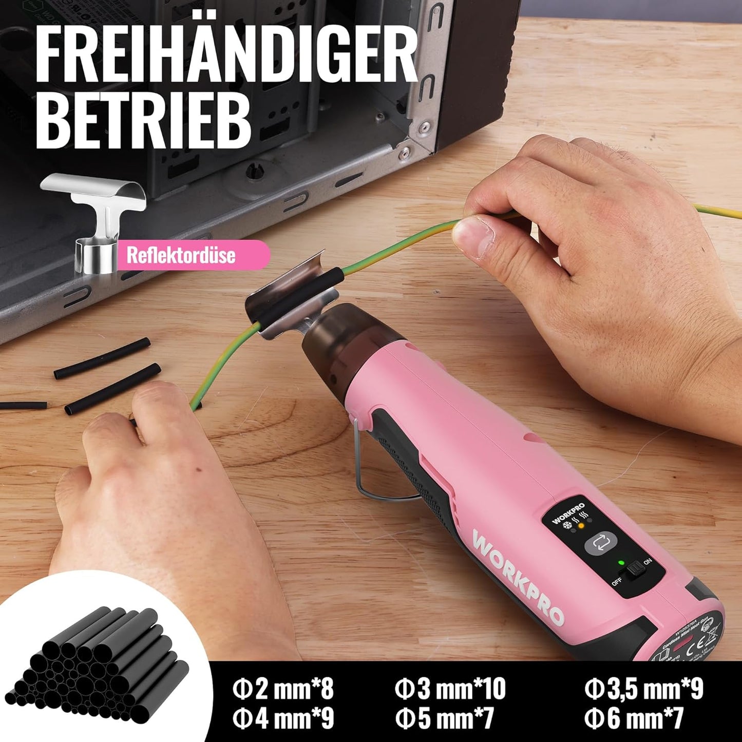 Mini-Heissluftpistole mit Schrumpfschläuchen, Rosa & Schwarz