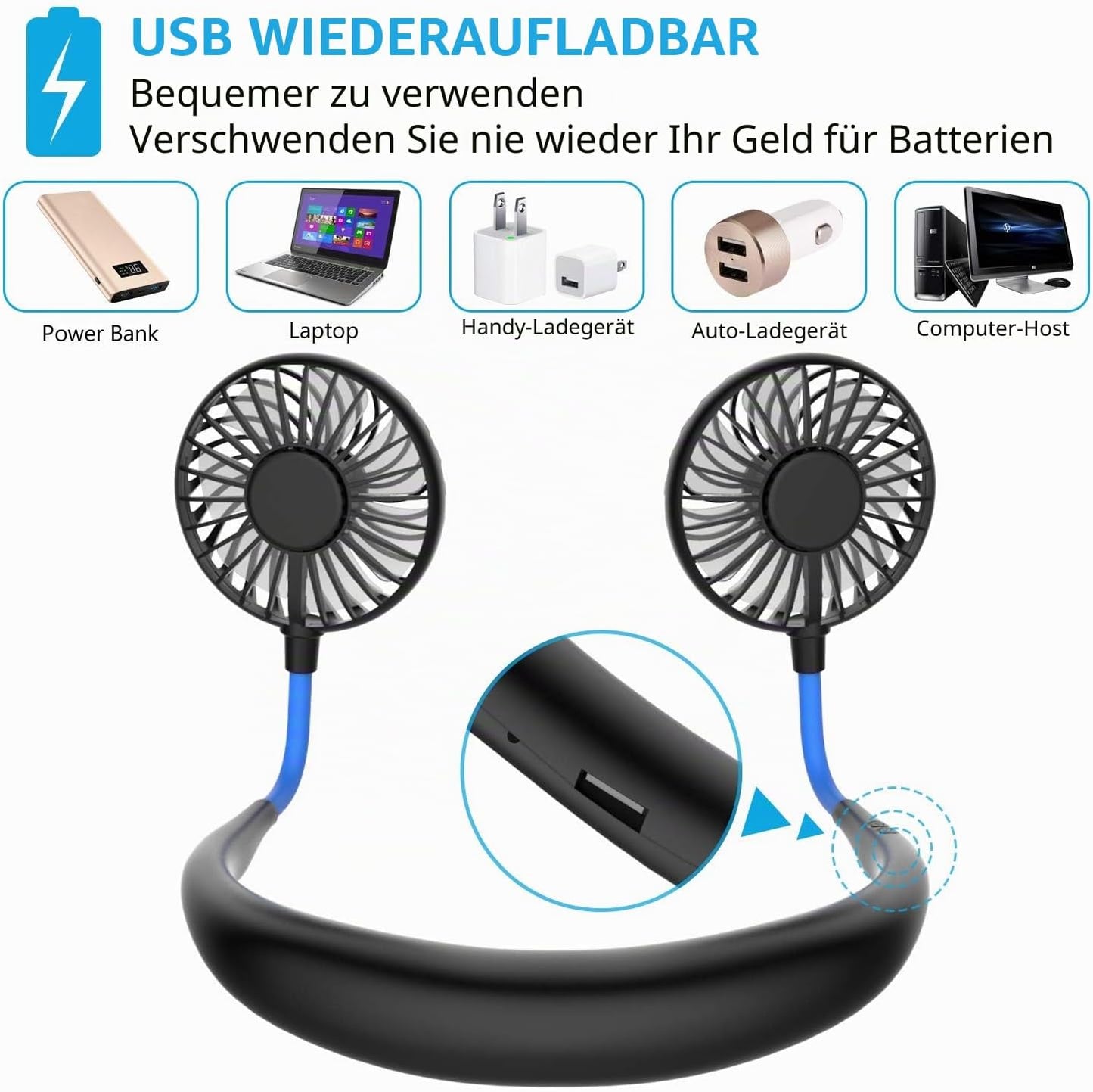Nackenventilator SF-019, wiederaufladbar, 3 Stufen, Schwarz Blau