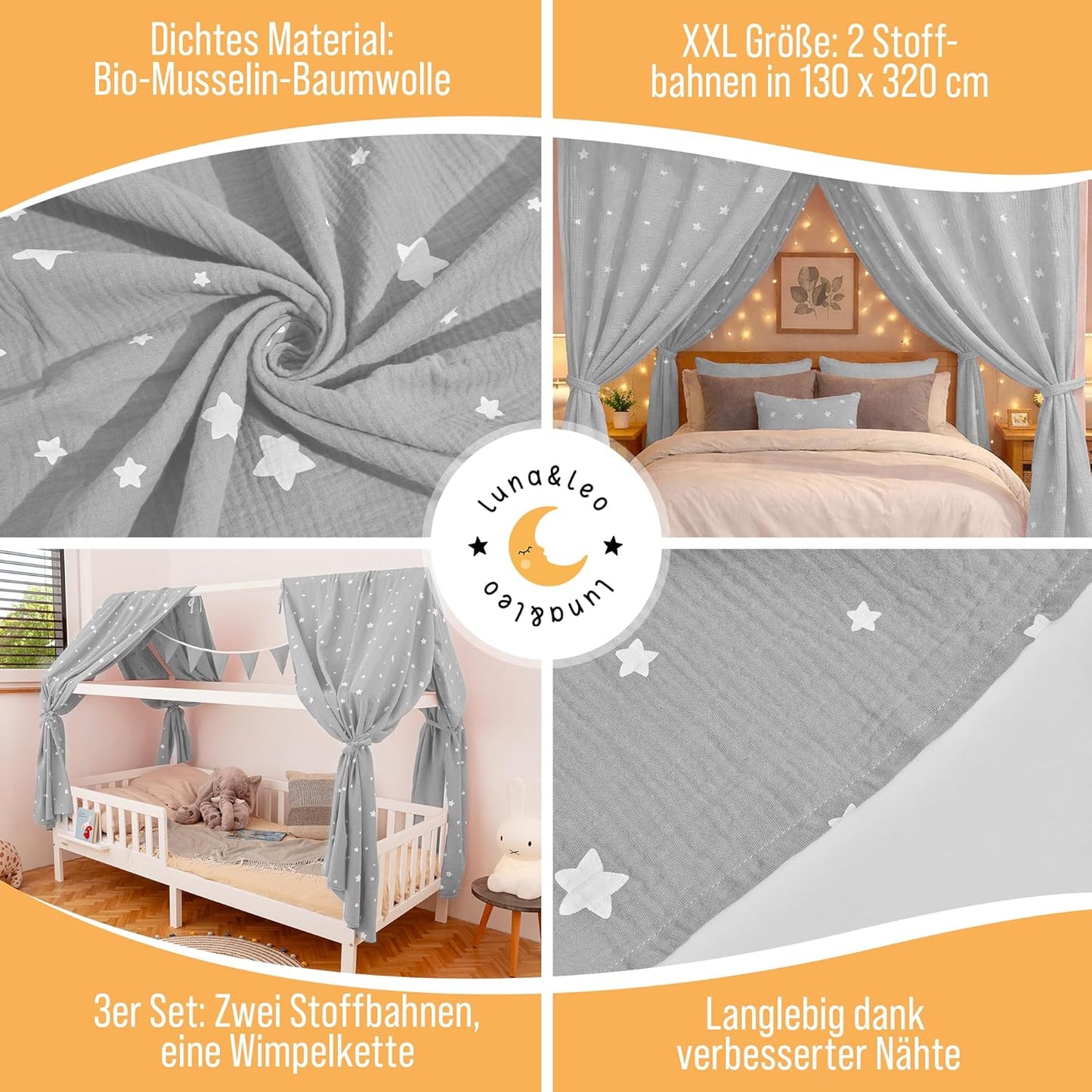 Hausbett Betthimmel-Set mit Sternendruck (3-tlg.), Hellgrau Sterne H320 x B130 cm (2er Set)