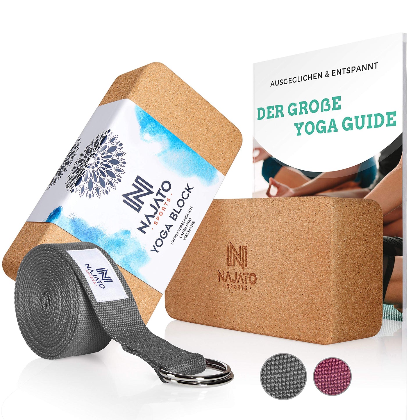 2er-Set Yoga-Block mit Gurt, Yoga Block 2er Set + Yoga Gurt in Grau
