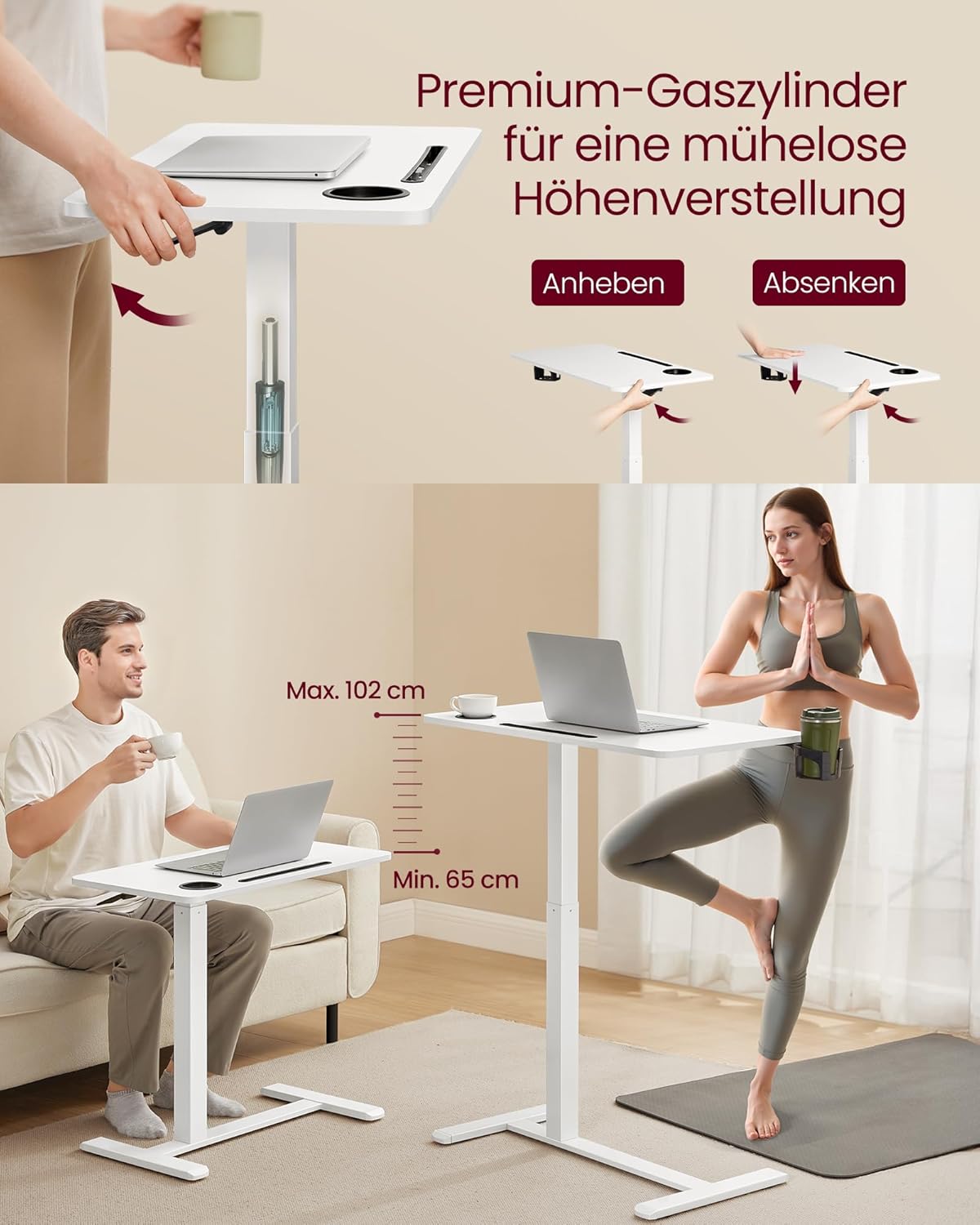 Mobiler Stehtisch mit Rollen und verstellbarer Höhe, 70 x 40 cm Wolkenweiss