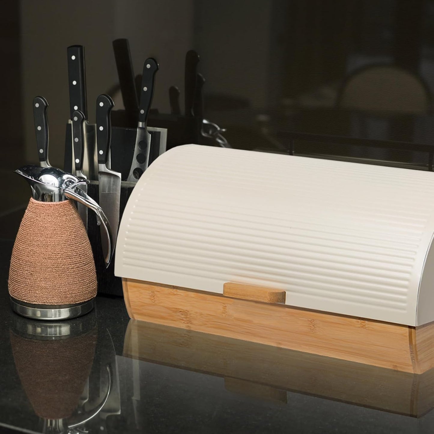Brotkasten mit Deckel und Brotbeutel, Beige-39cm