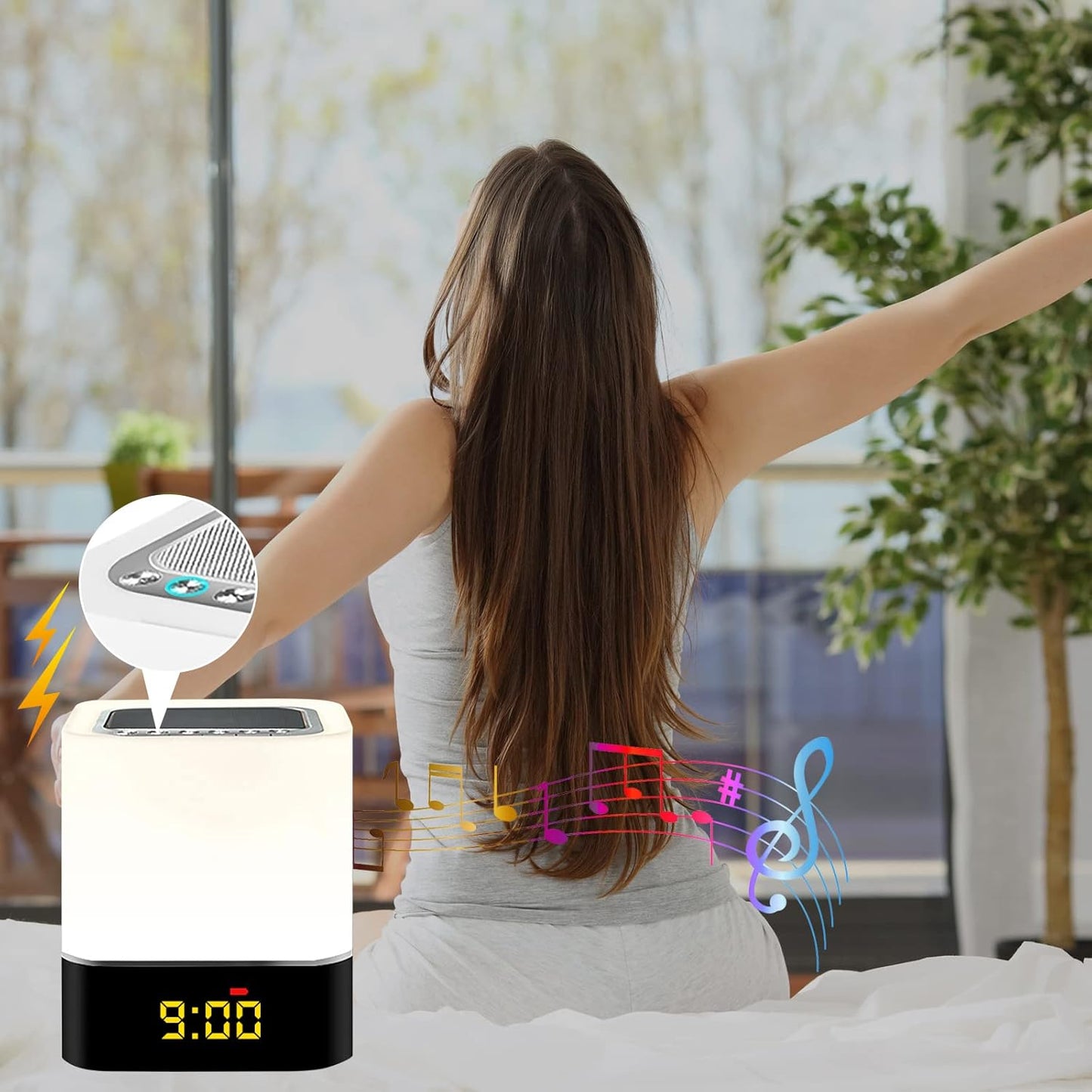 Nachttischlampe mit Wecker und Bluetooth-Lautsprecher, Rot