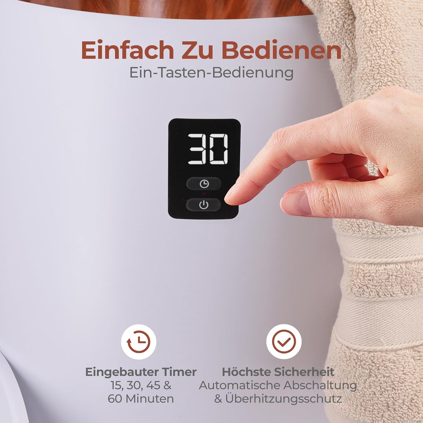 Elektrischer Handtuchwärmer mit Timer und Überhitzungsschutz, Braun Holzoptik
