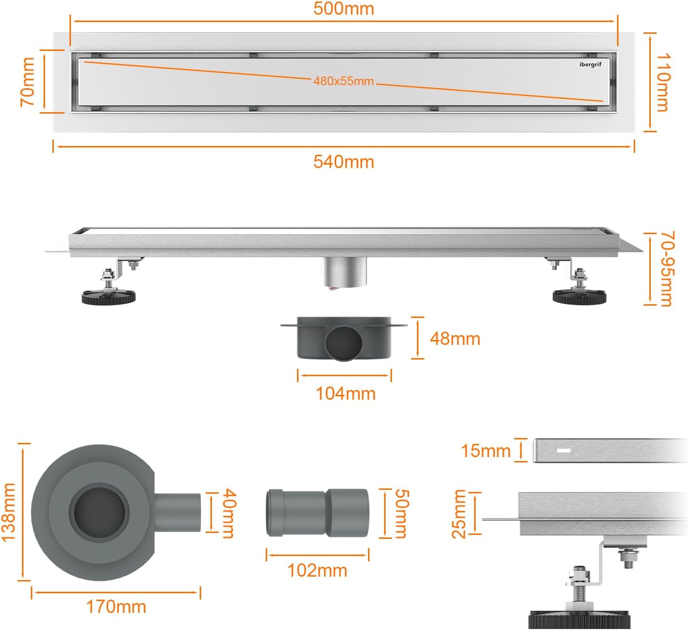 Duschrinne Komplettset 50 cm, Extra Flach, 50 CM