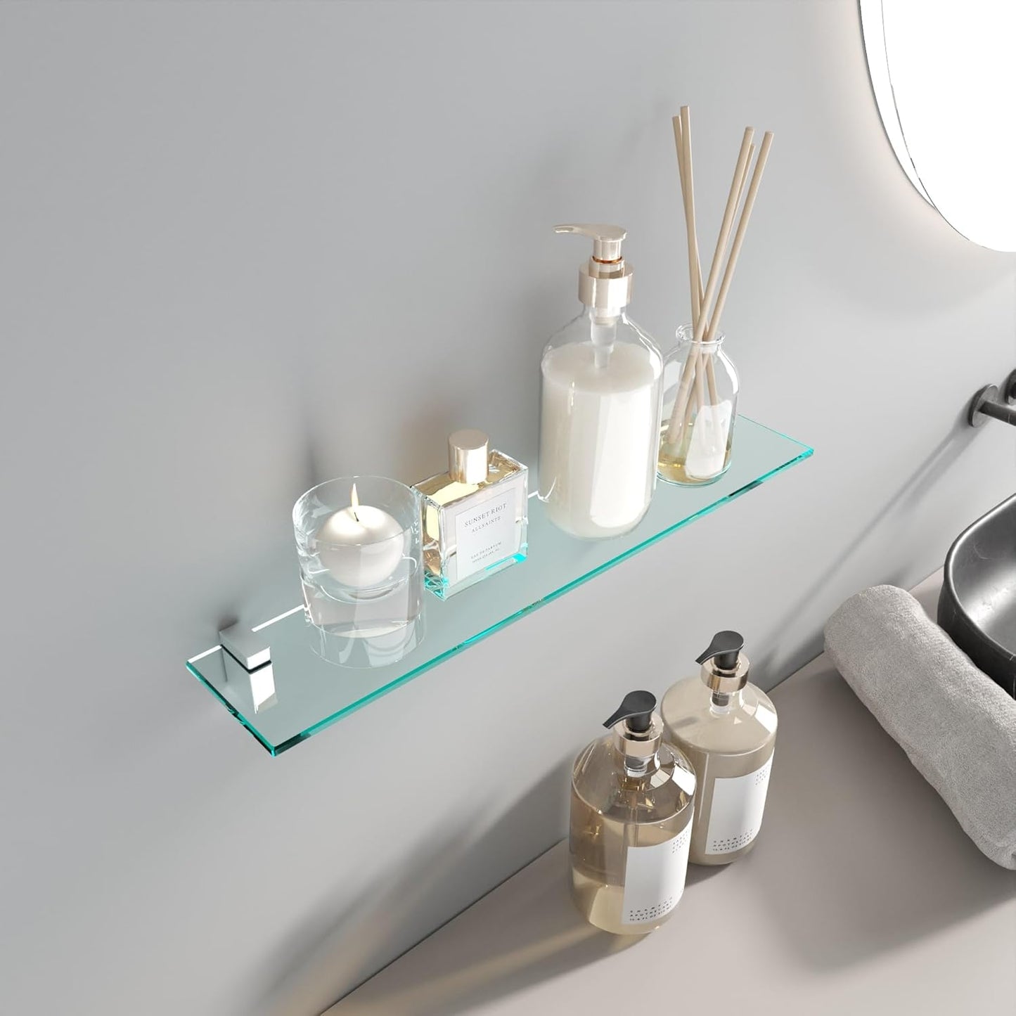 Glasregal mit Halterung, 70x15cm Klarglas + Halterung H - Chrom Glanz Optik