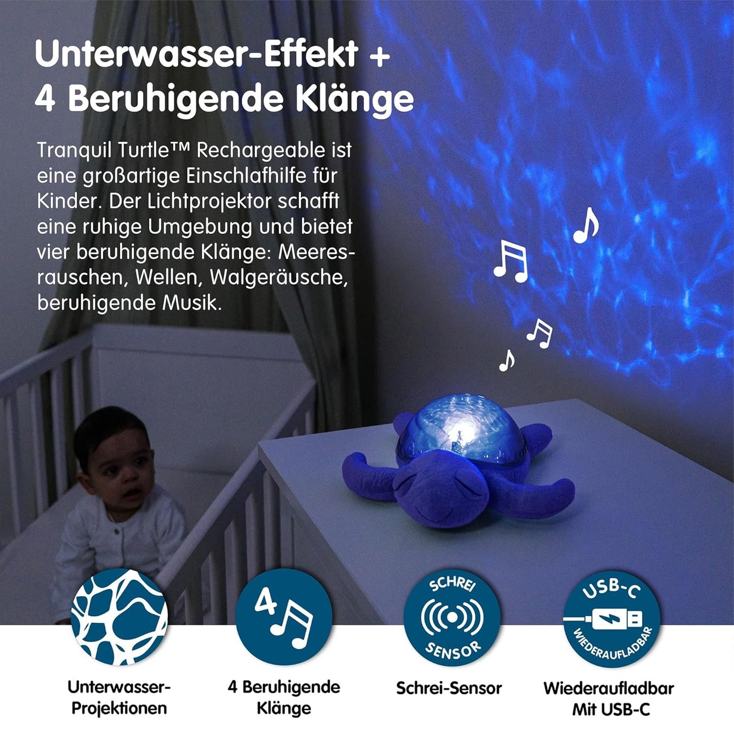 Nachtlicht mit Musik & Unterwasserprojektion, Tranquil Turtle – Ocean (wiederaufladbar)