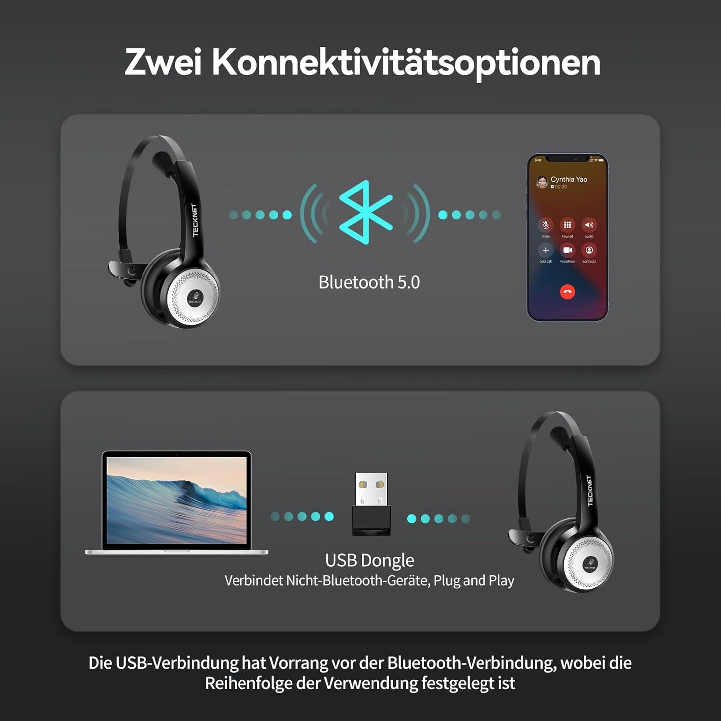 Bluetooth-Headset mit Mikrofon & USB Dongle, Bluetooth + USB Dongle + Ladestation schwarz