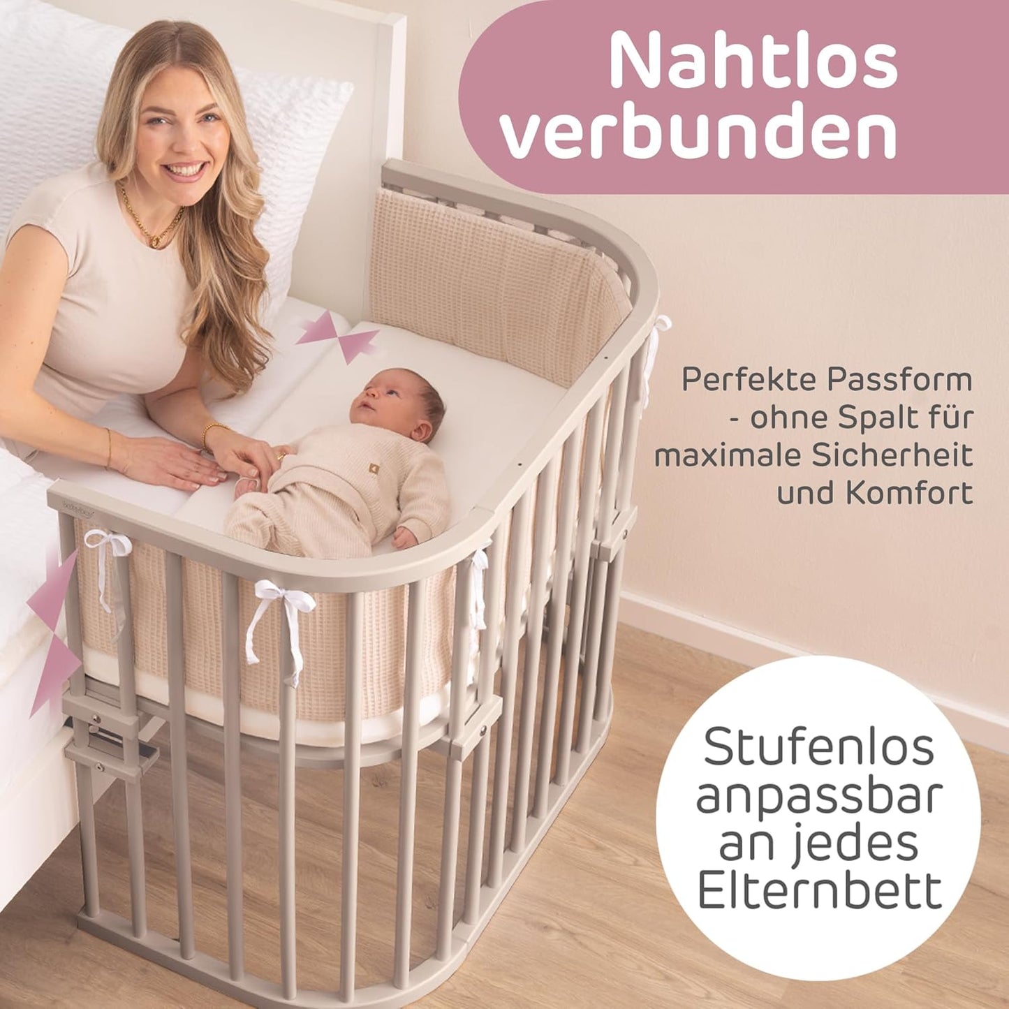 Höhenverstellbares Beistellbett mit Matratze, Beige Lackiert / 87L x 46B x 79H cm / Mit Matratze