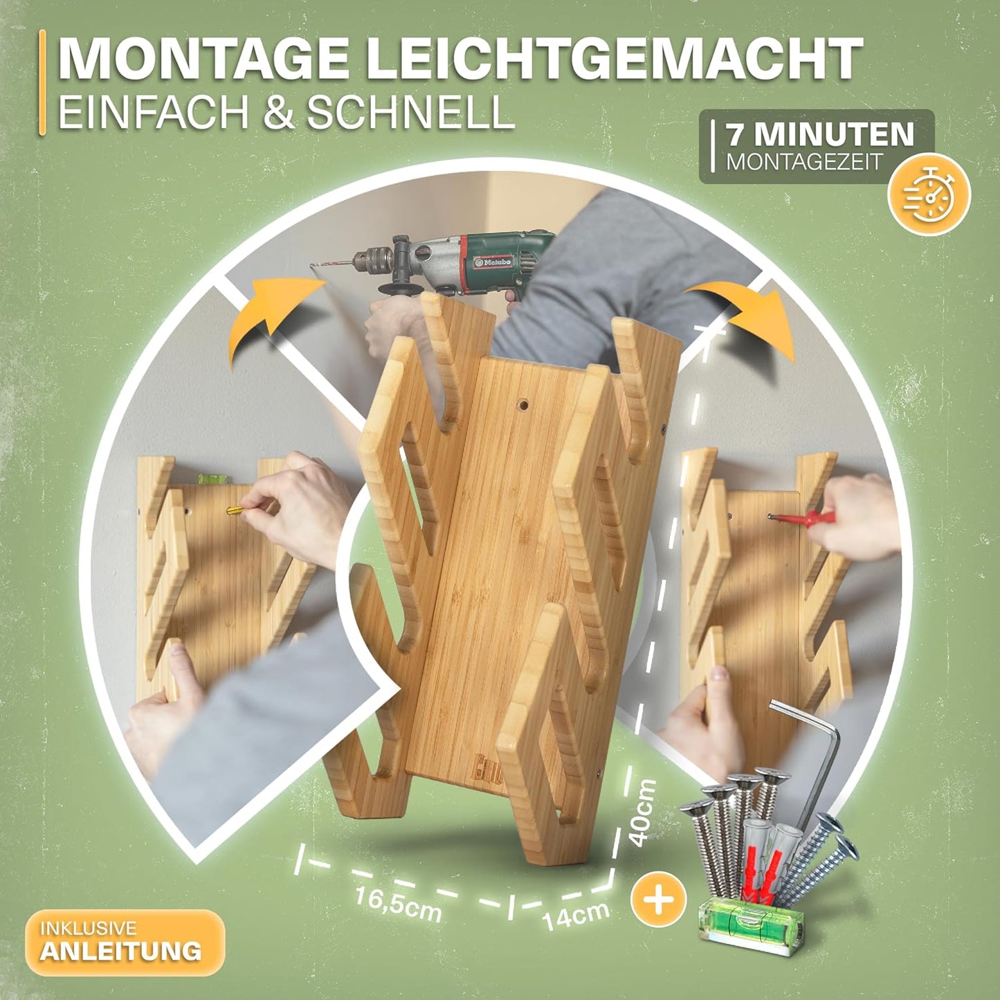 Doppel Skateboard Wandhalterung aus Bambus