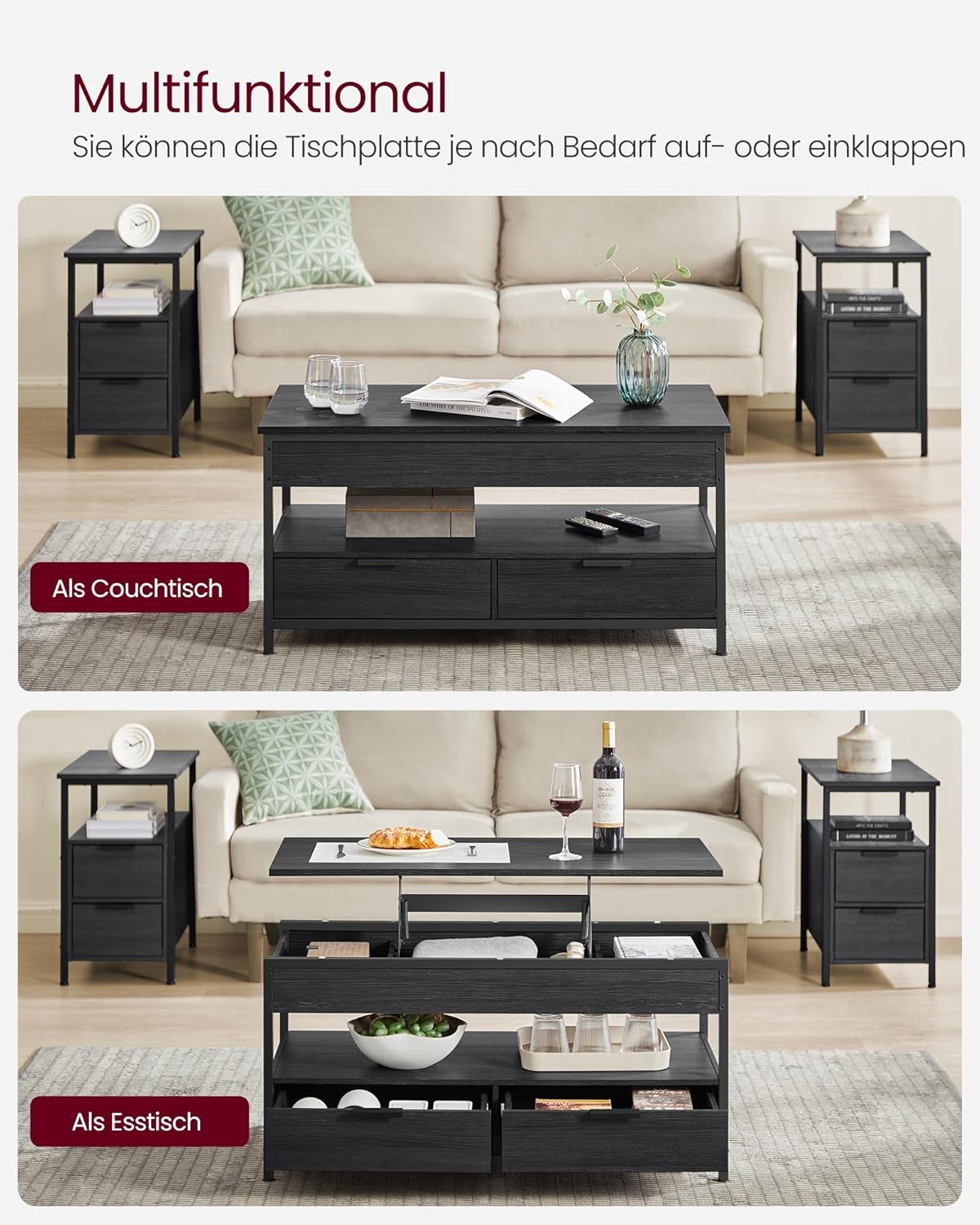 Höhenverstellbarer Couchtisch Leon mit Schubladen und Fach, Anthrazitgrau + Tintenschwarz