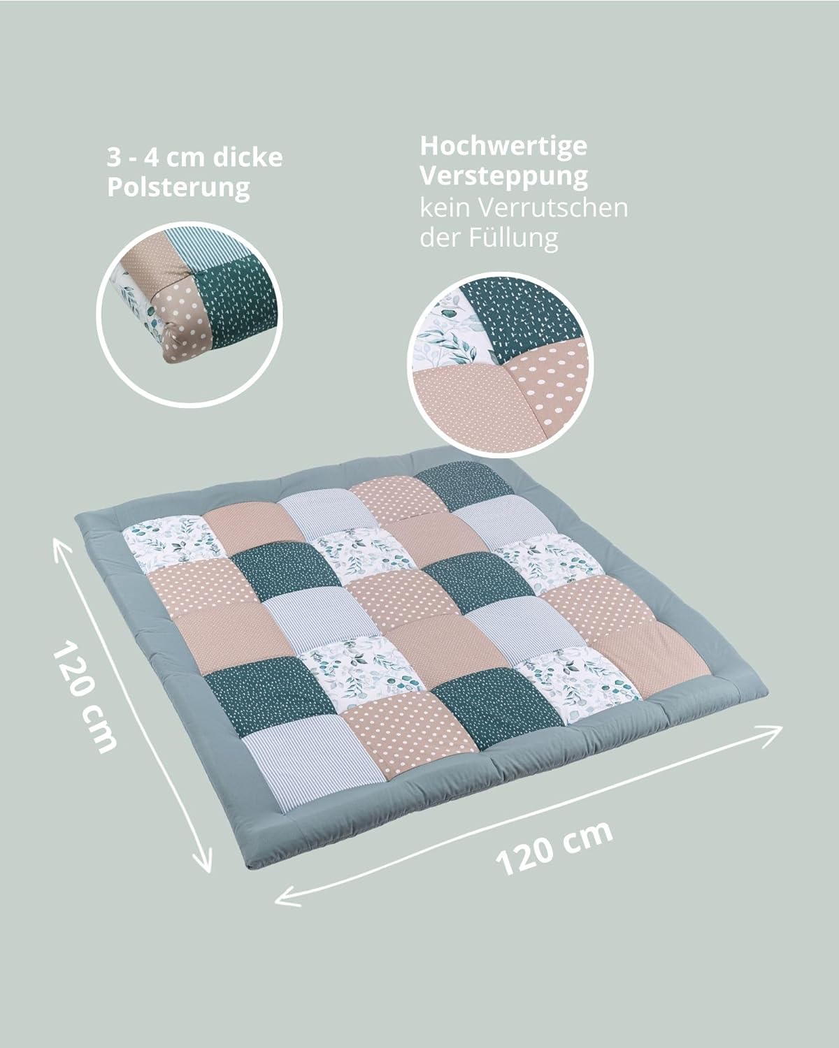 Gepolsterte Baby Krabbeldecke Eukalyptus, Eukalyptus 120 x 120 cm