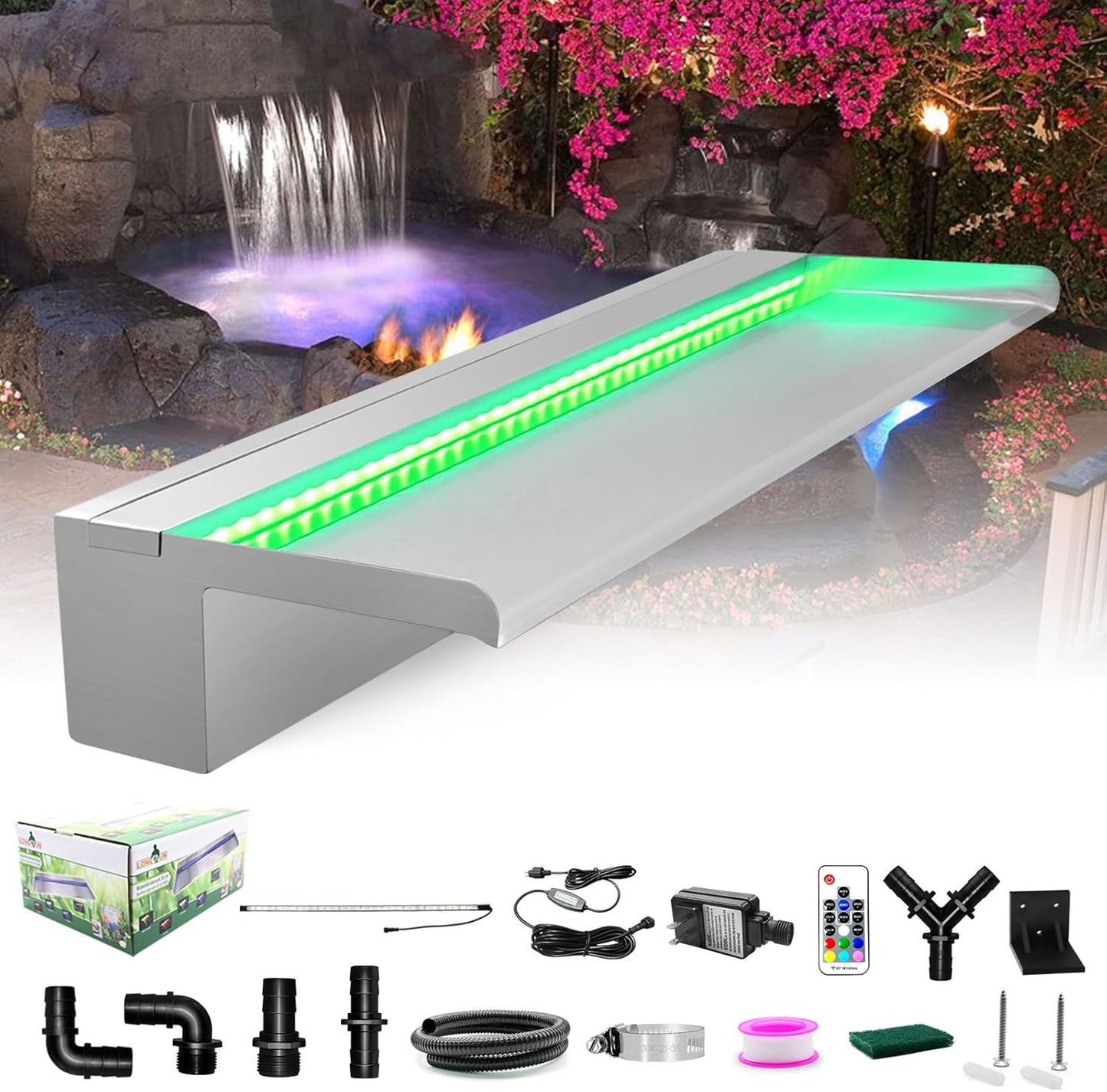 Wasserfallbrunnen mit LED-Beleuchtung, Edelstahl 90cm