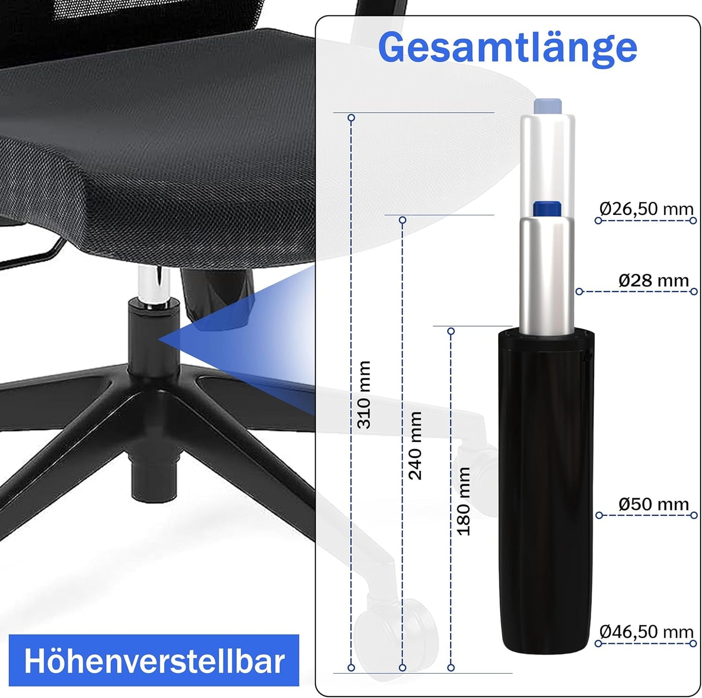 Gaslift Gasdruckfeder für Bürostühle, 350 mm Gesamtlänge Schwarz