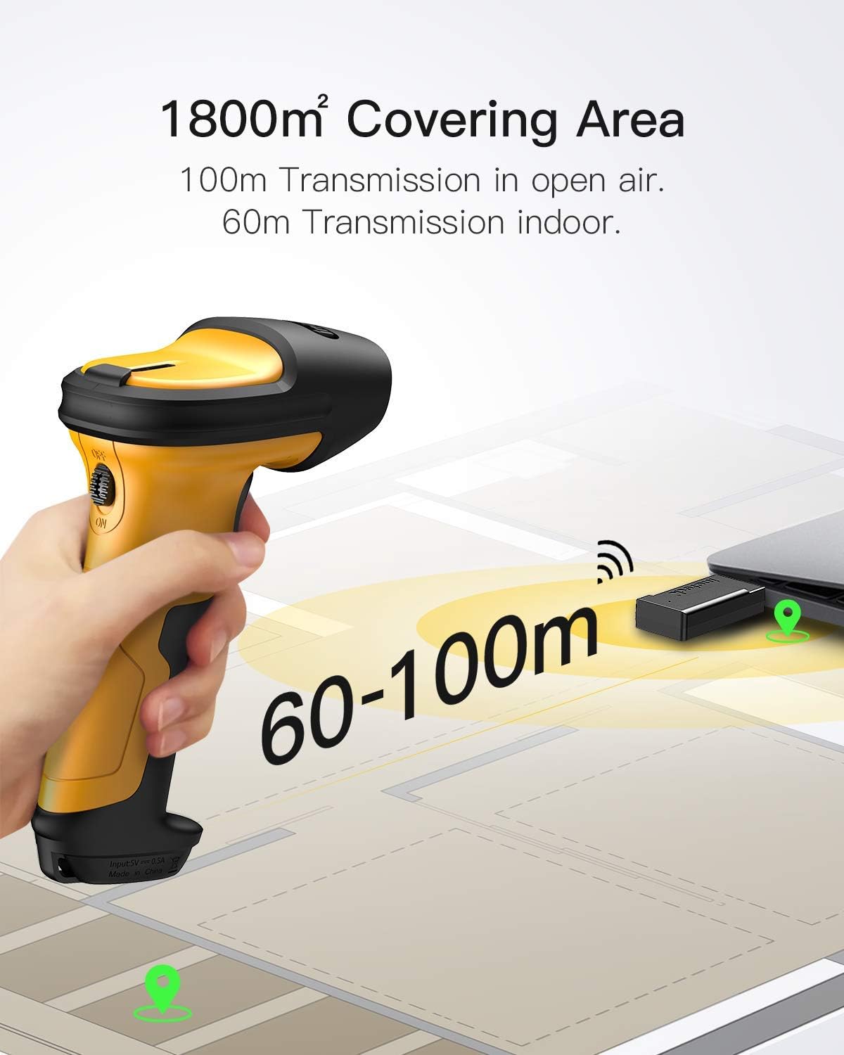 Pro 6 Barcode Scanner mit 60 m Reichweite, 1D, Gelb 1D Pro