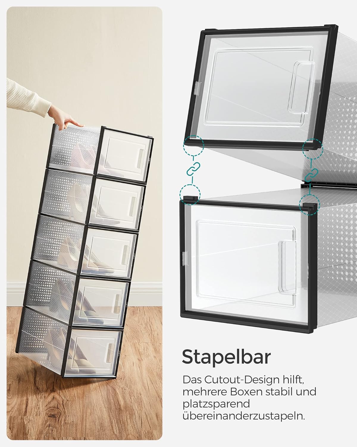 18er Set Stapelbare Schuhboxen, Transparent + Schwarz 18er Set für Schuhe bis Größe 46