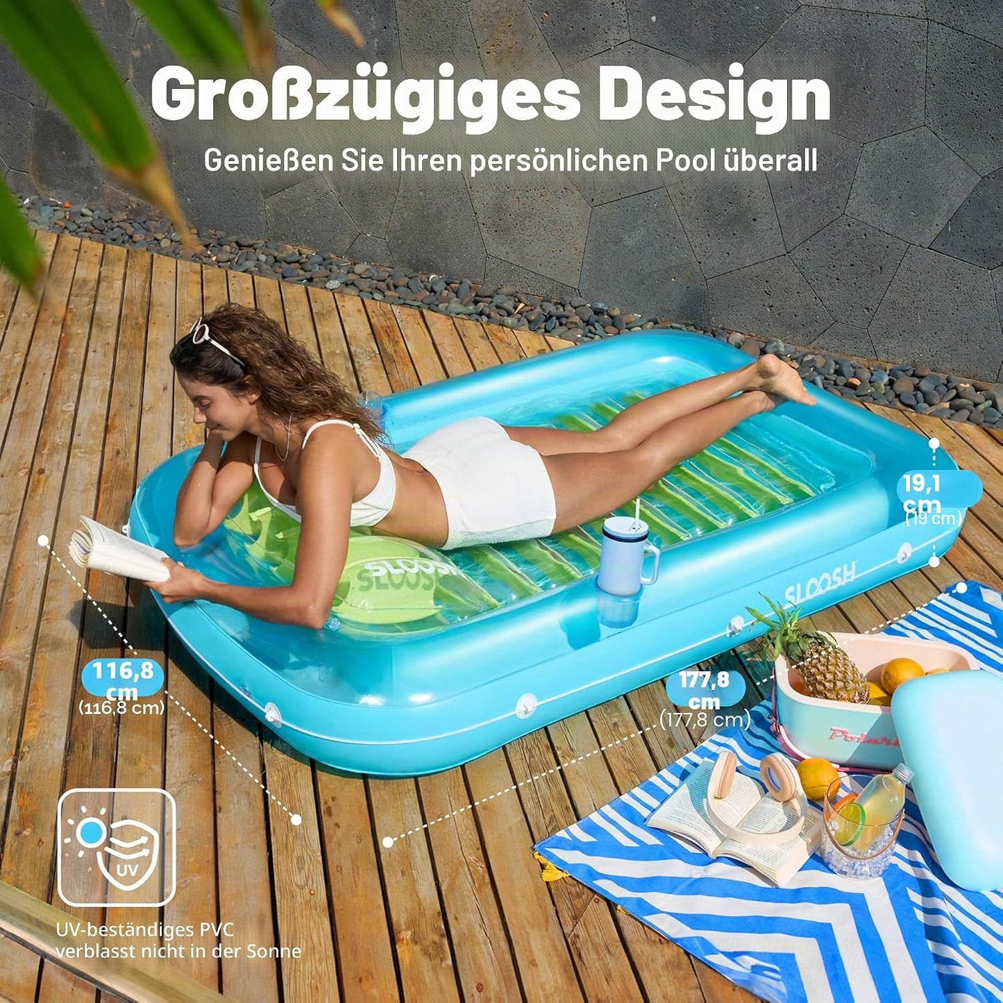 Aufblasbarer Sonnenpool mit abnehmbarem Kissen und Getränkehalter, Blau-Grün L