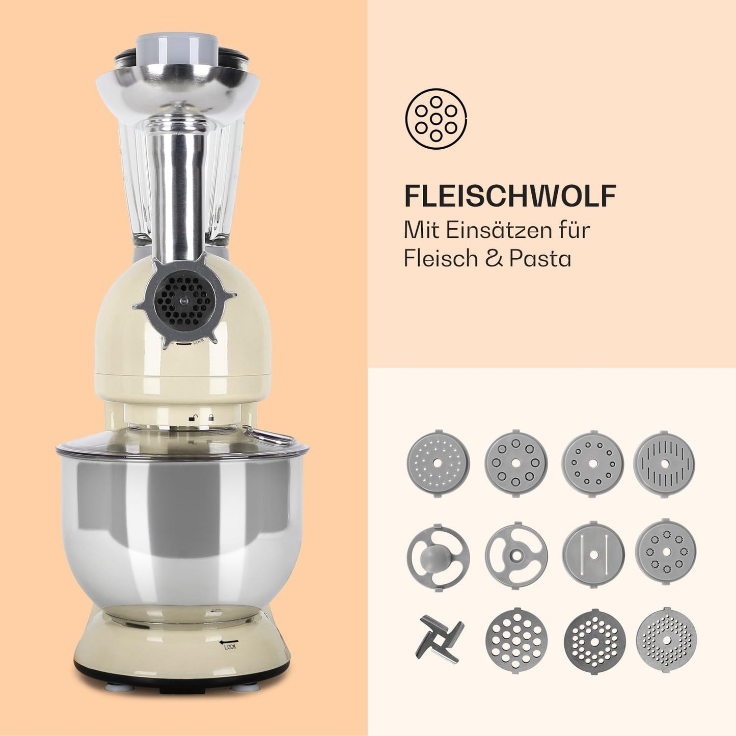 Universalküchenmaschine mit Knetmaschine, Fleischwolf & Mixer, Classic Creme
