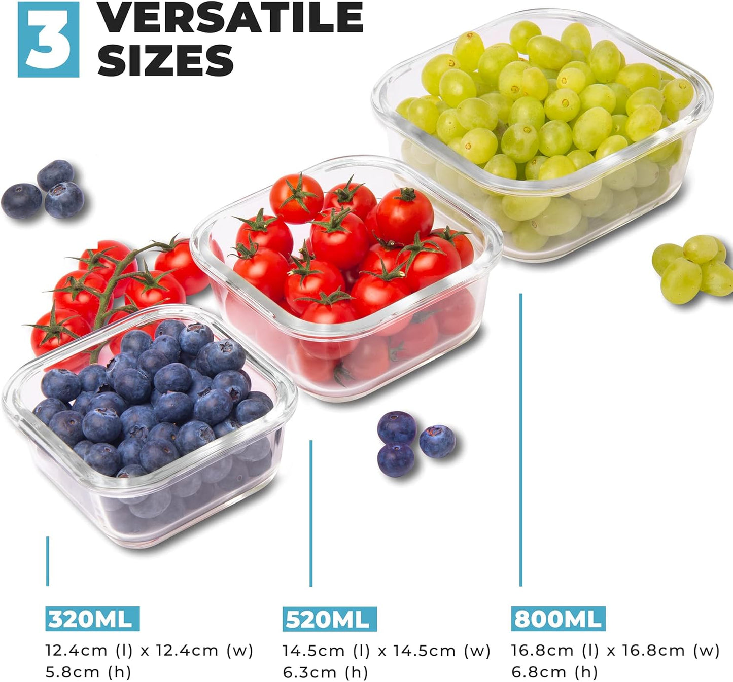3-teiliges Glasbehälter-Set, Quadratisch