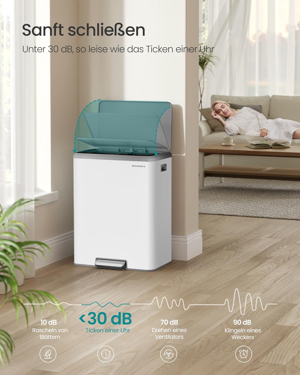 Mülltrennsystem 2x30L mit Softclose-Deckel, wolkenweiss 60 L