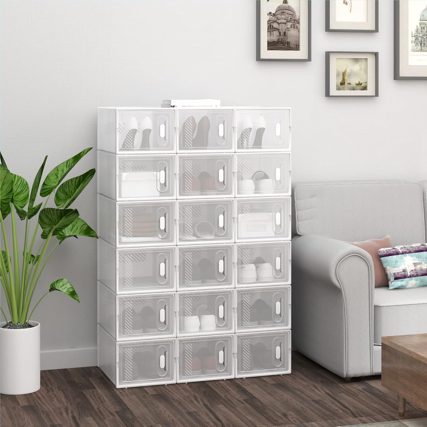 Stapelbares Schuhregal mit 18 Boxen, Transparent+weiß 18er 35x19x25 cm