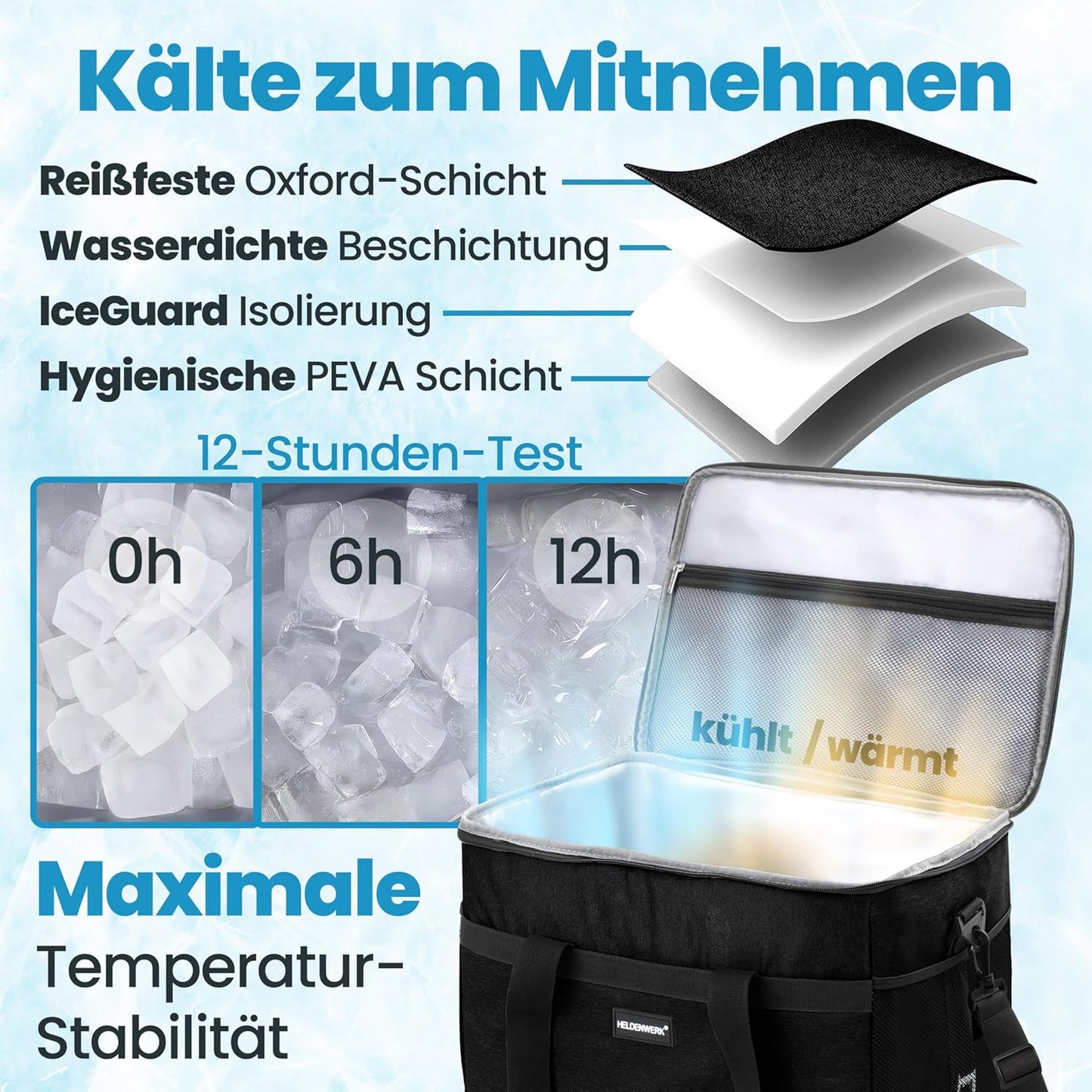 Faltbare Kühltasche mit 7 Fächern, Schwarz 20L (L35 x B23 x H25 cm)