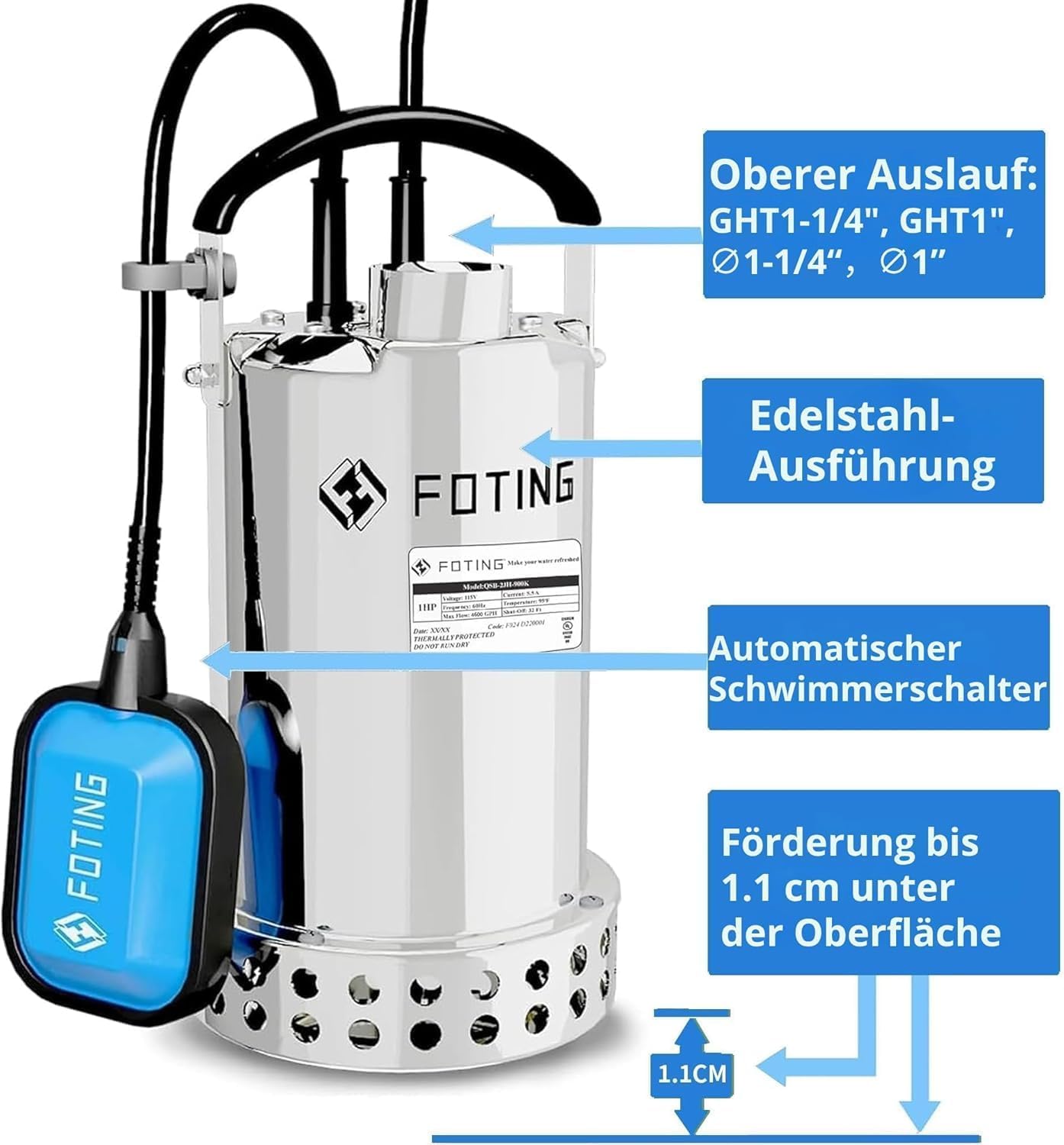 Tauchpumpe, 13.000 l/h, Dunkelblau