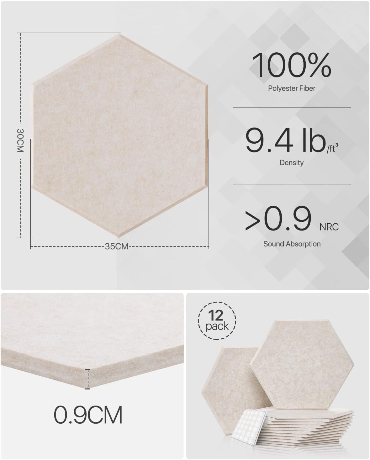 Selbstklebende Hexagon Akustikpaneele, 30×26×0,9 cm, 12 Stück Beige