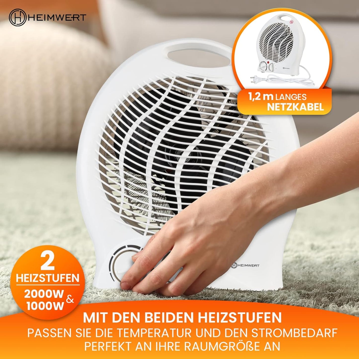 Energiesparender Heizlüfter mit Thermostat, Weiss