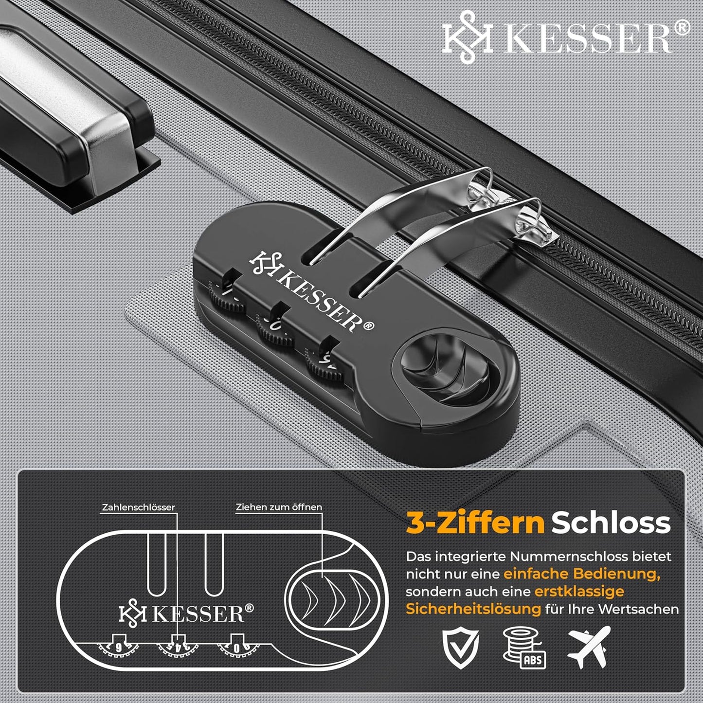 Hartschalenkofferset mit Trolley und Kofferwaage, Silber