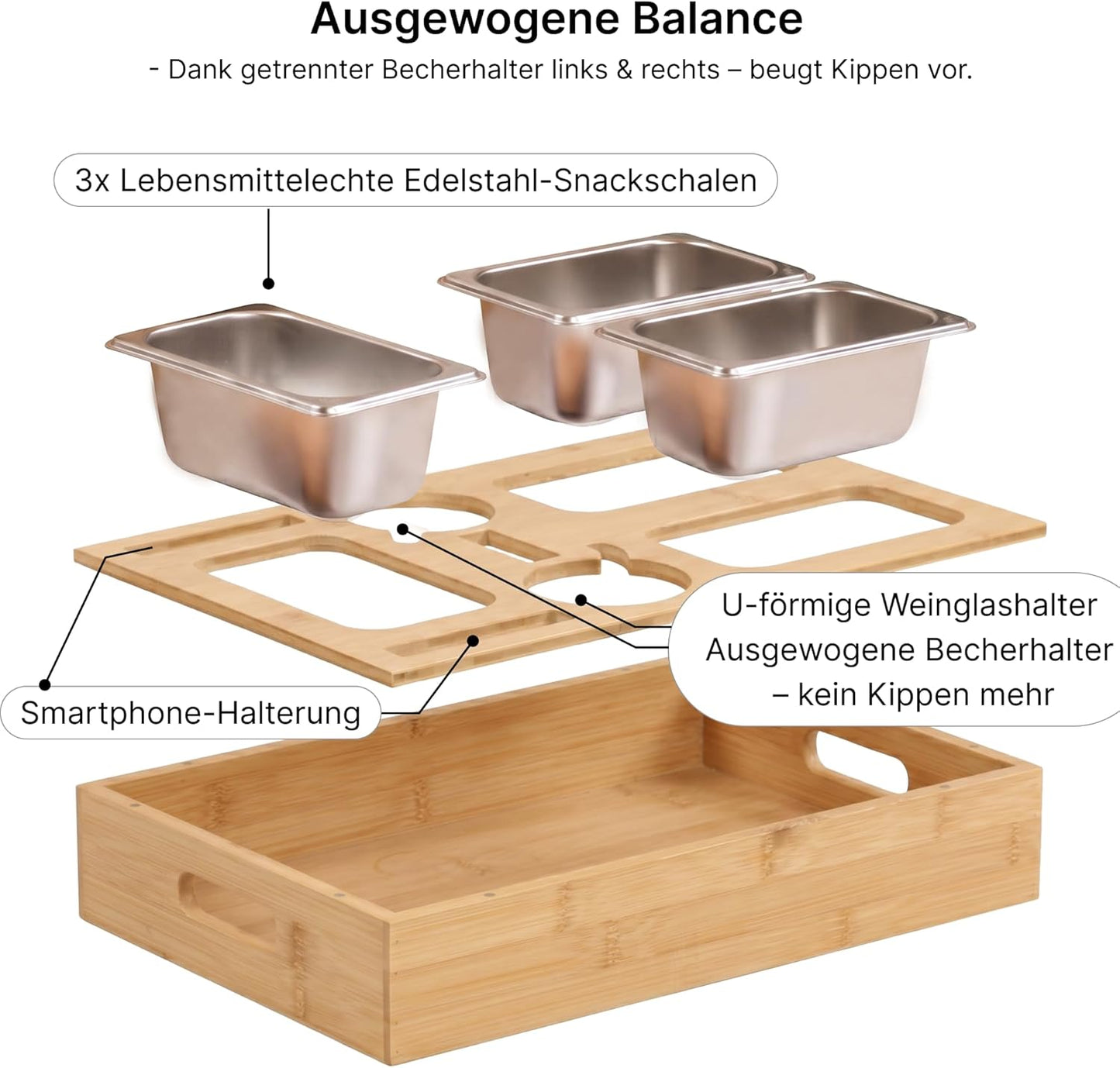 Snackbox-Sofa-Tablett mit Wein- und Snackhaltern, Bambus 40 x 26 x 8 cm mit 3 Edelstahl-Schalen