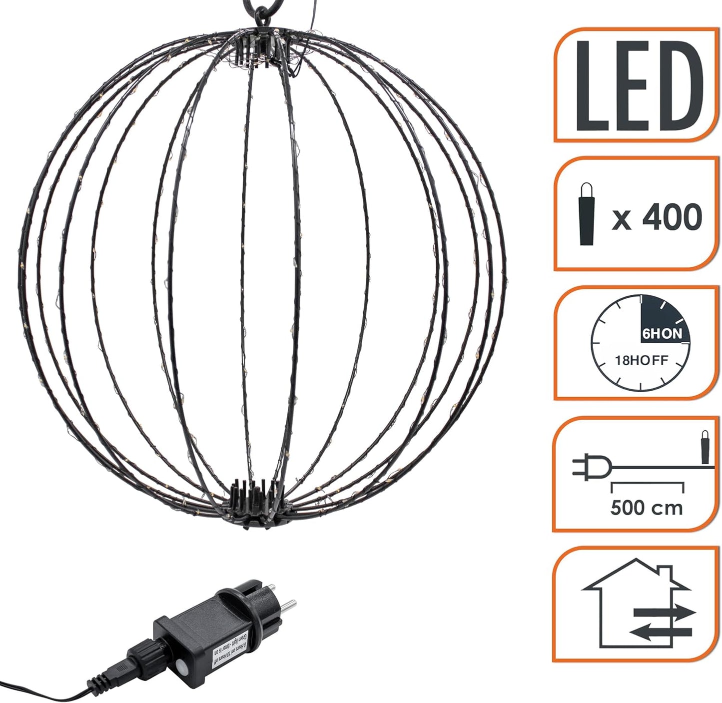 Leuchtkugel mit Timer und Stecker (60 cm), 60 cm