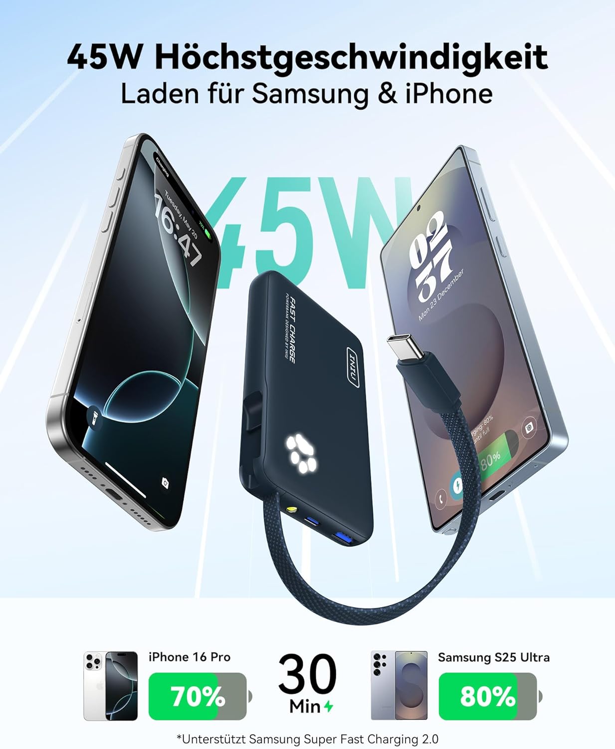 Powerbank P41L mit integriertem USB-C Kabel, Blau