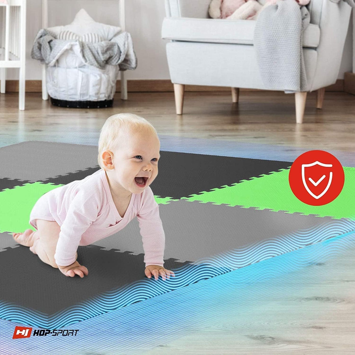 9er-Set rutschfeste Puzzlematte für Fitnessgeräte-Bodenschutz, Schwarz/Grau/Grü