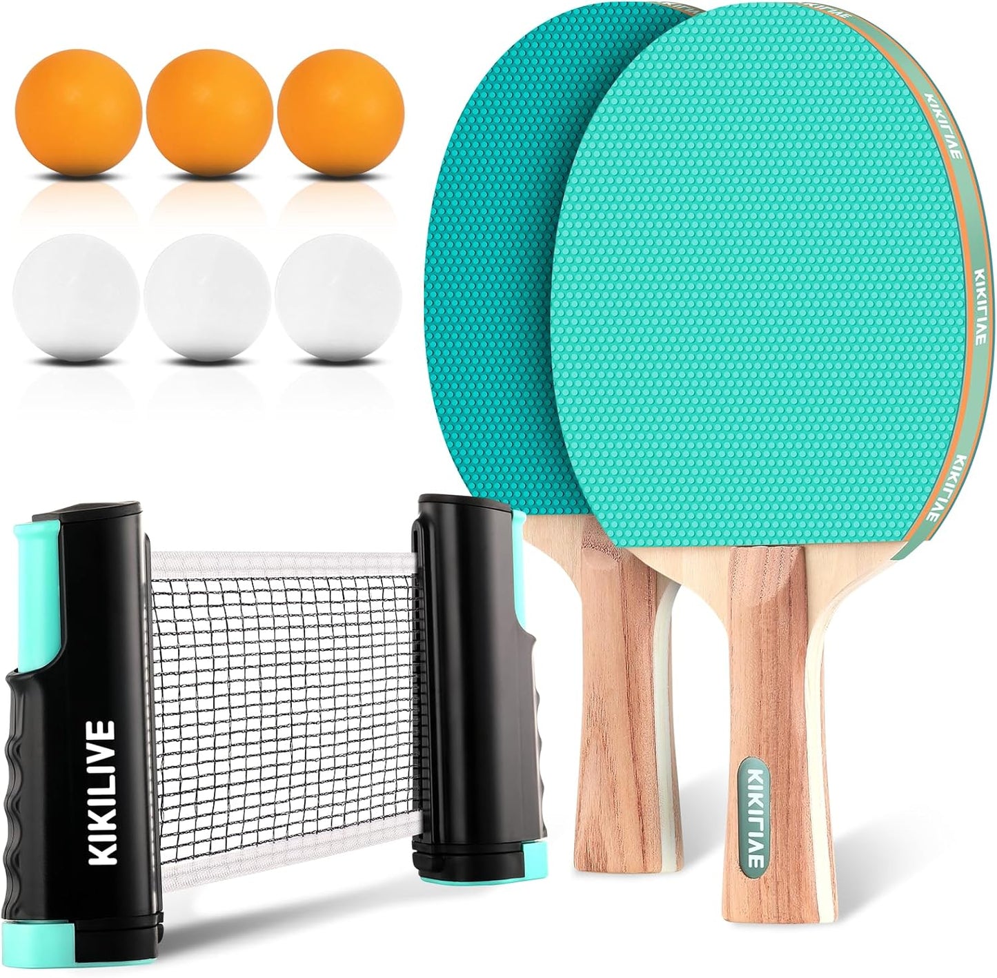 Tischtennis-Set mit Netz und Schlägern, Blau+Grün