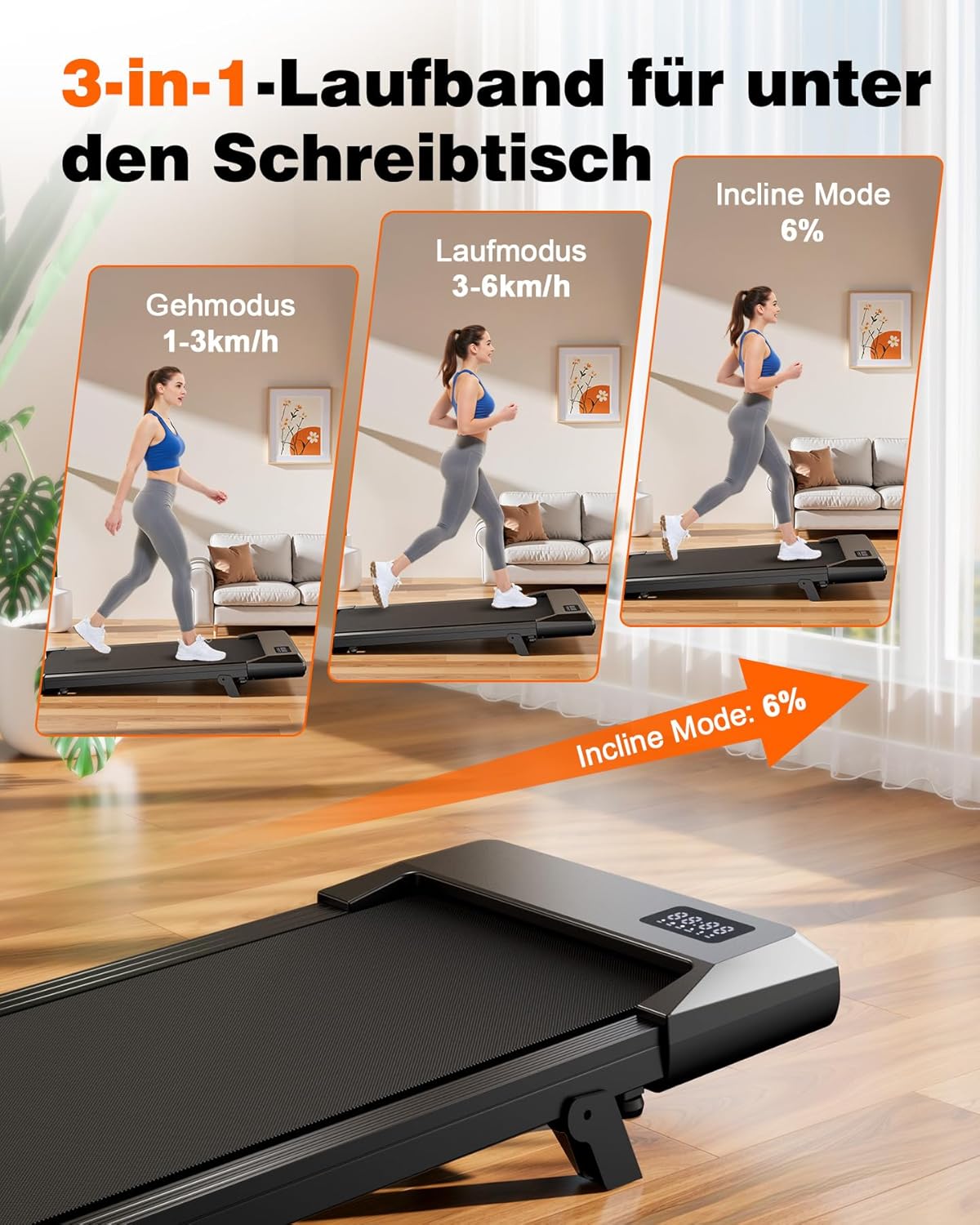 Faltbares 4-in-1 Laufband mit Neigung und Griffen, 100 CM Tiefes Schwarz