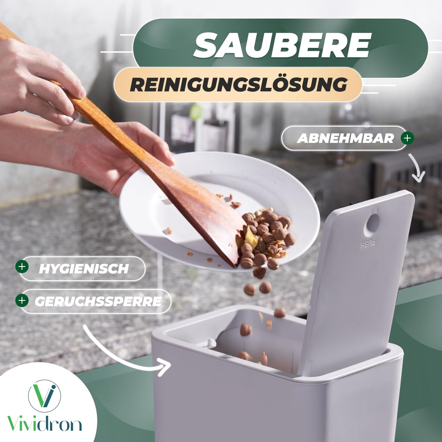 Mülleimer mit Druckdeckel, Schwarz, Weiß, Grau