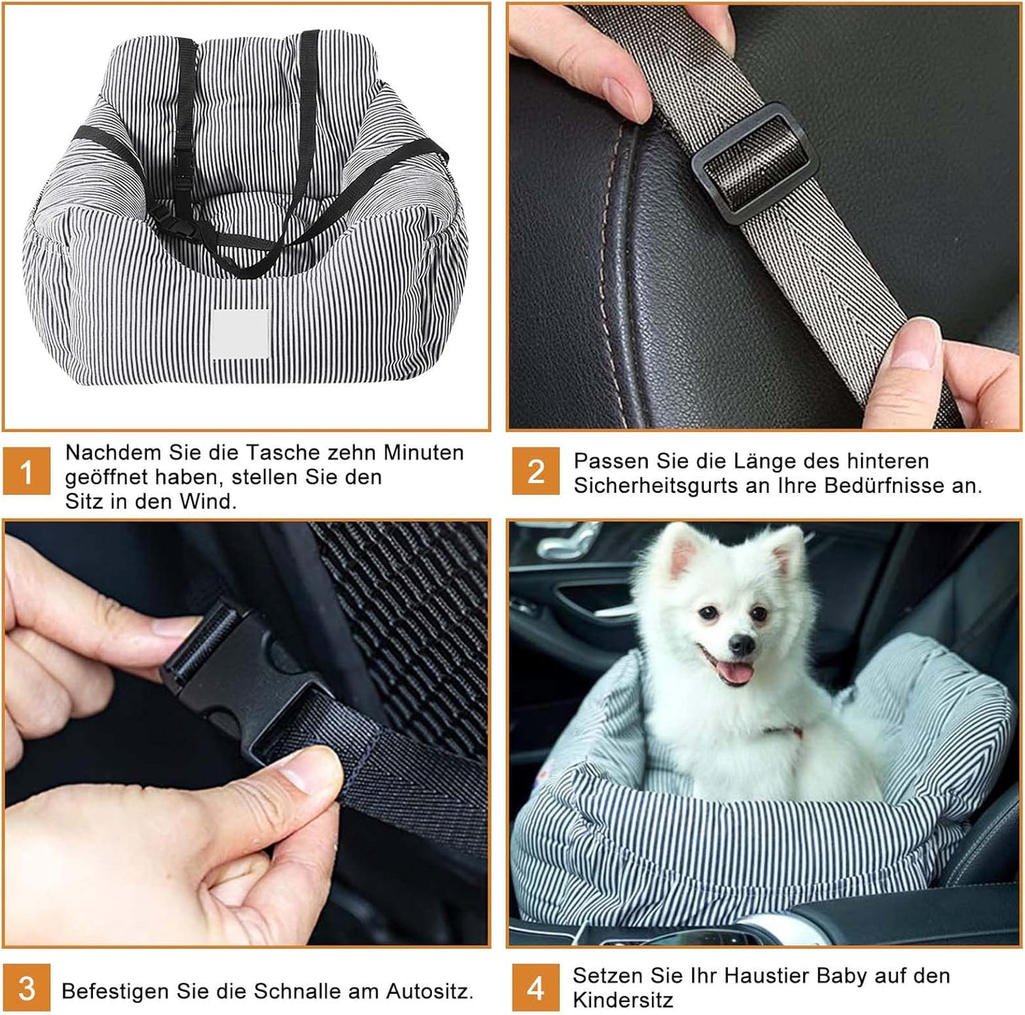 Hundeautositz mit Sicherheitsgurten, Schwarz-Weiss
