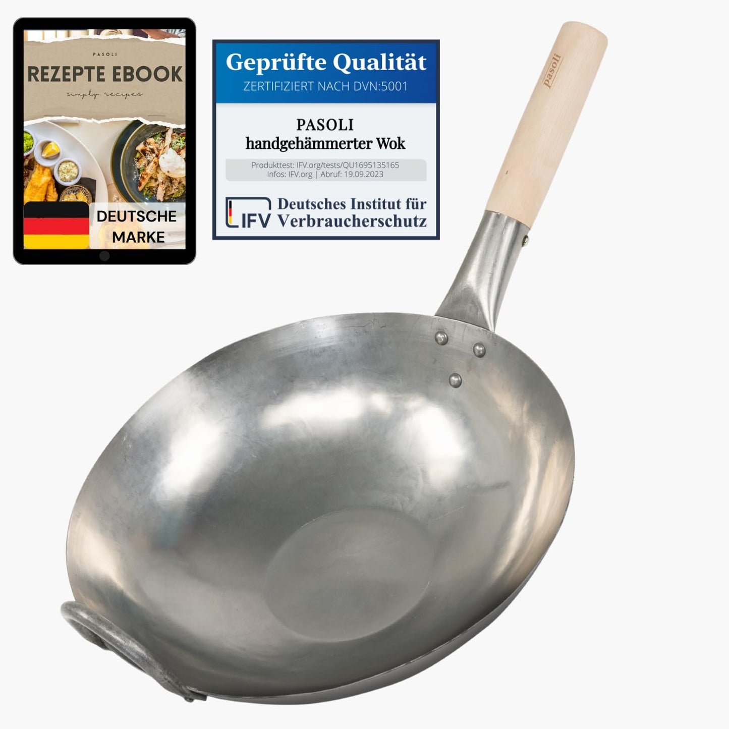 Handgehämmerter Wok, induktionsgeeignet, silber 36 cm