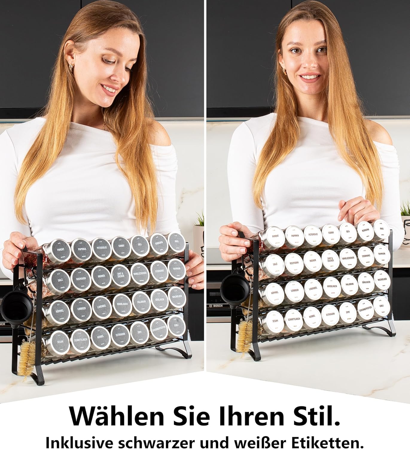 Gewürzregal mit Gewürzgläsern, Schwarz, Deckel Edelstahl