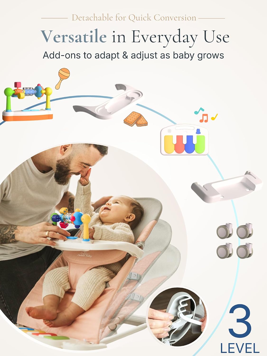4-in-1 Babywippe mit Rädern, abnehmbares Klavier & Futtertablett, Blau