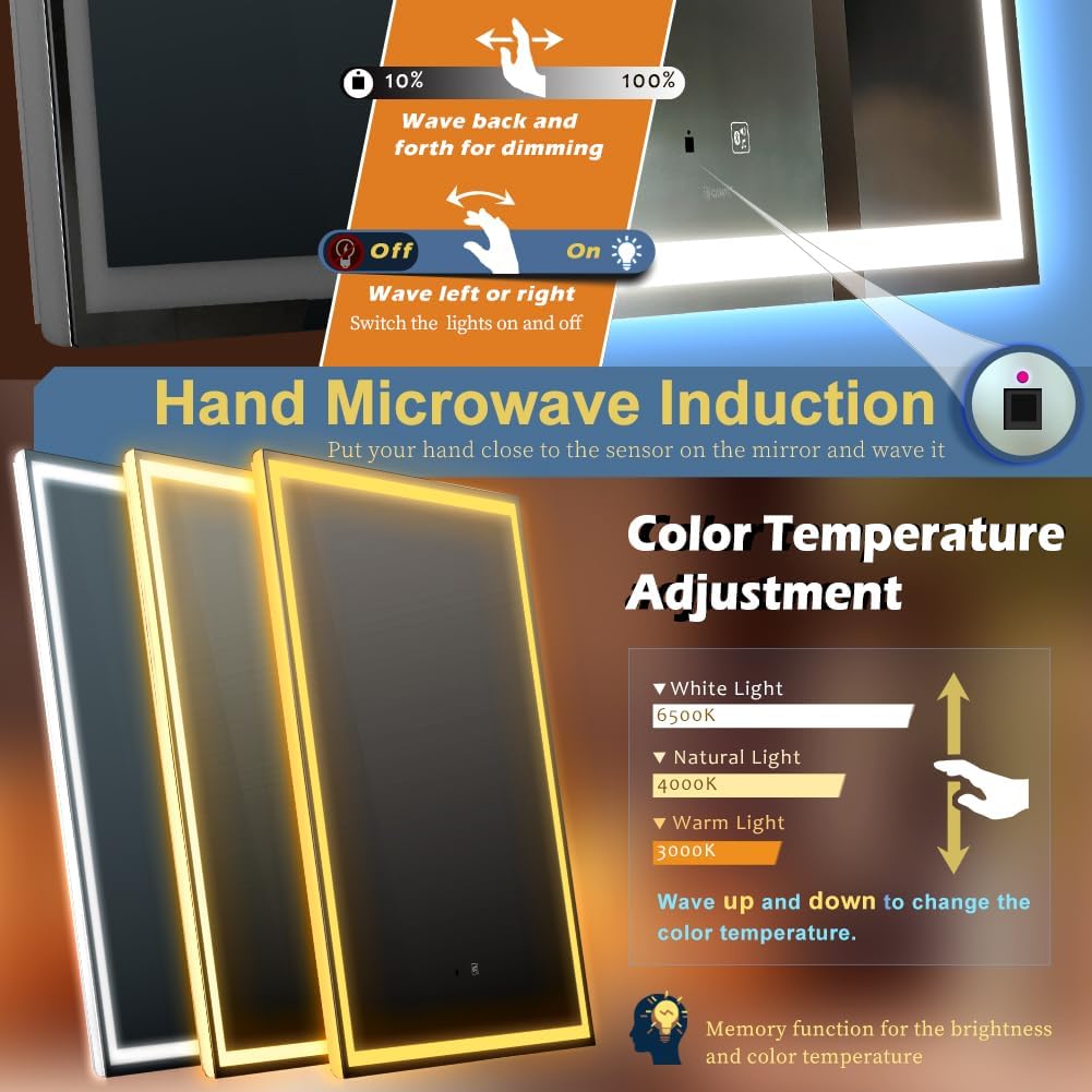 Dimmbarer LED-Sensor-Spiegel mit Bluetooth, Handwelle-induktion 50L x 70B cm