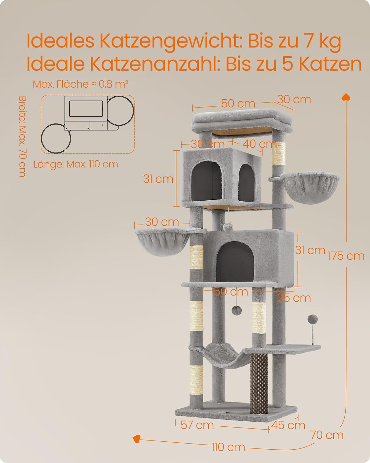 Kratzbaum mit Höhlen und Liegemulden, XL (57 x 45 x 175 cm) taubengrau