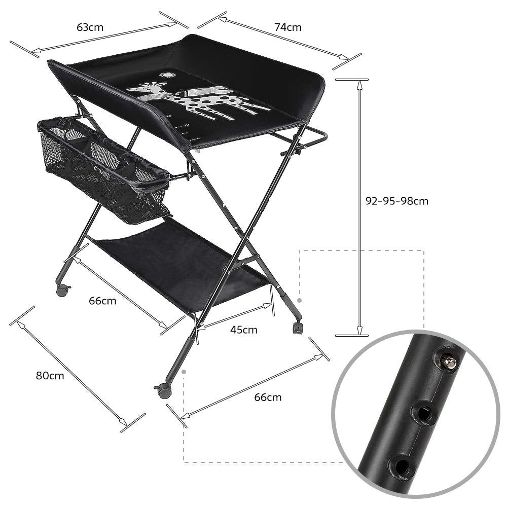 Klappbare Wickelkommode mit Rollen und Sicherheitsgurt, A-Noir