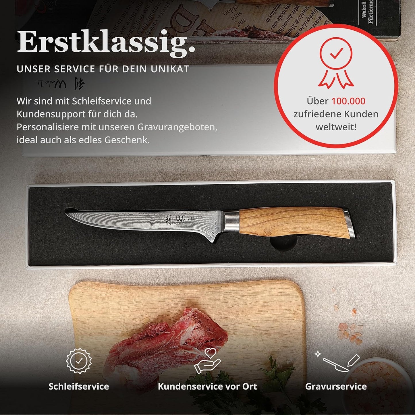 Damast-Ausbeinmesser mit Olivenholzgriff, Ausbeinmesser