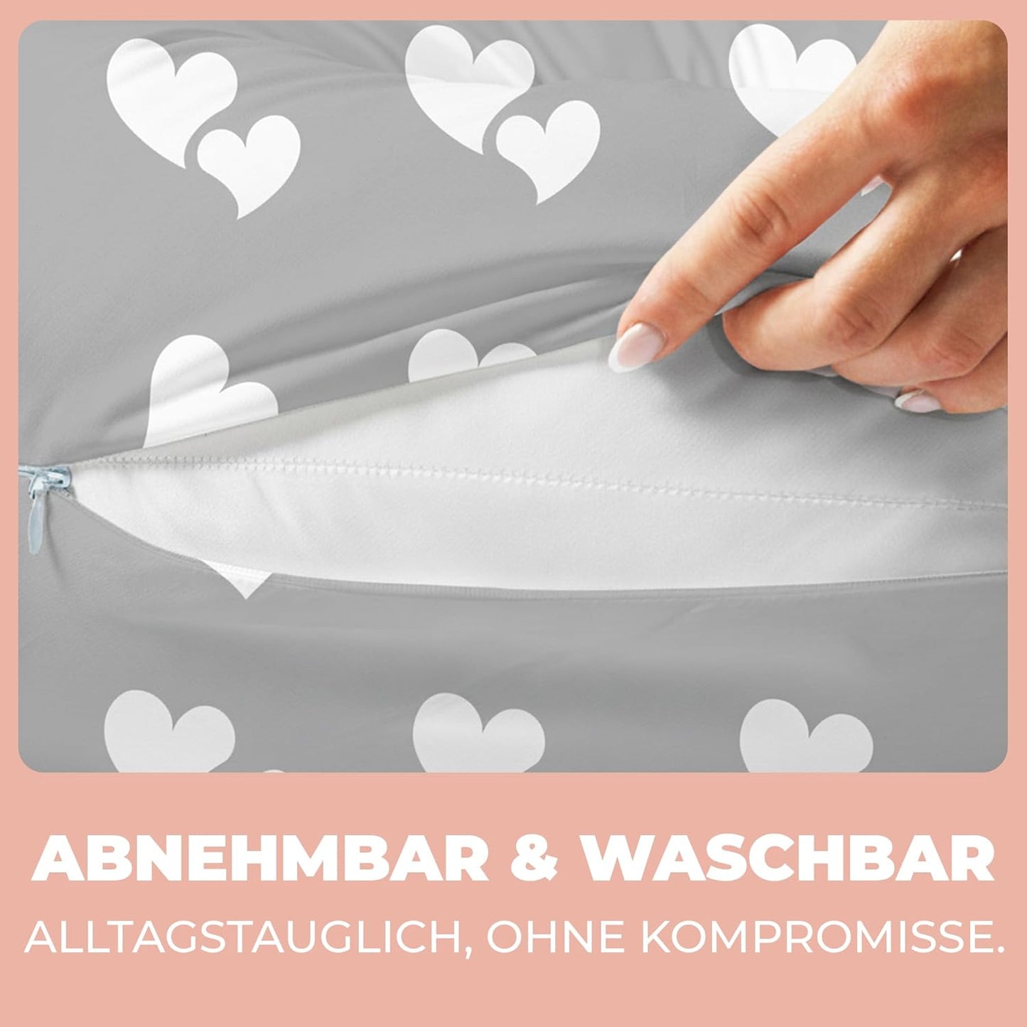 Ergonomisches Schwangerschafts- und Stillkissen XXL, Grau mit Weissen Herzen Stillkissen XXL