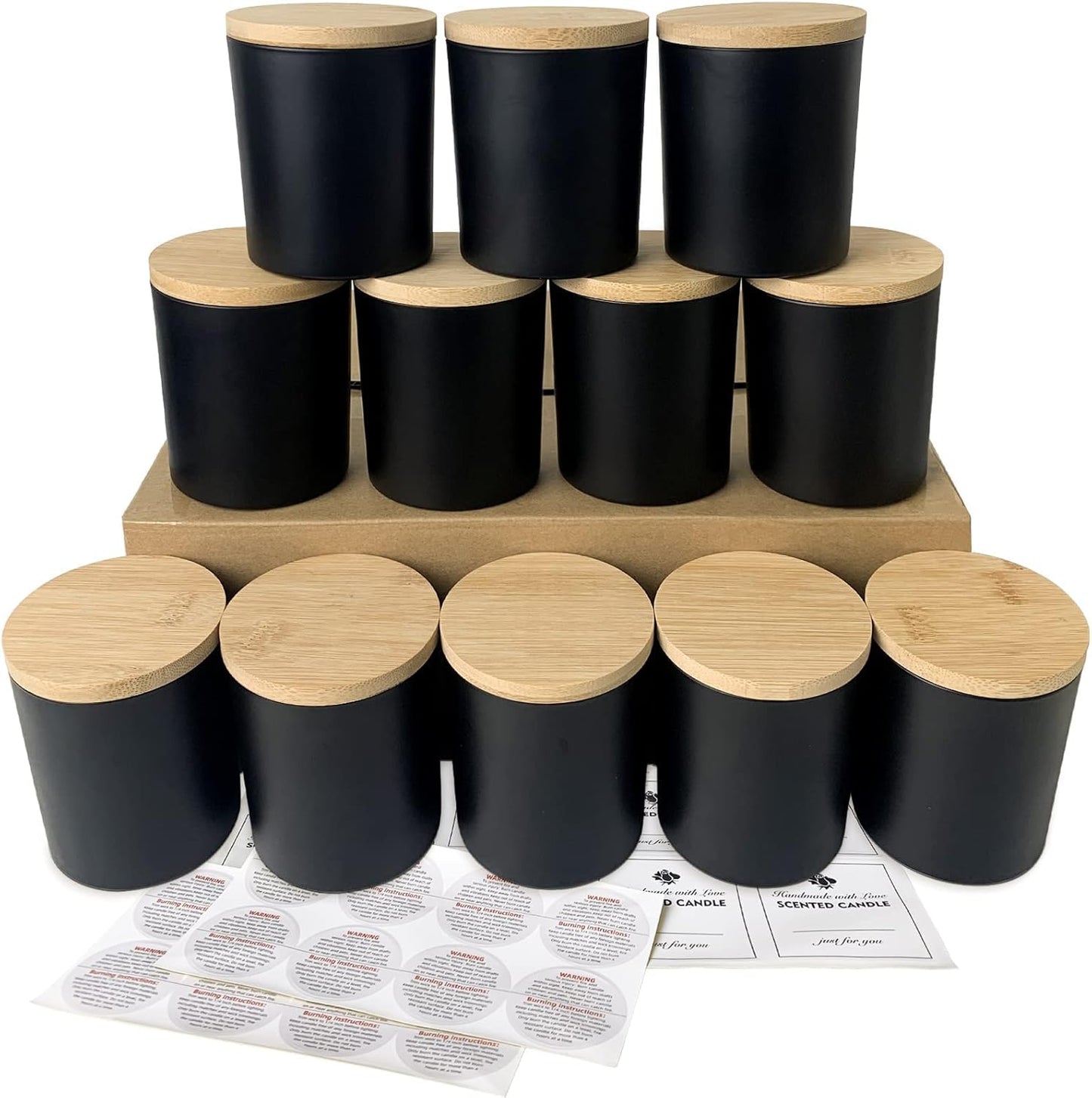 Kerzengläser-Set mit Bambusdeckel, Schwarz