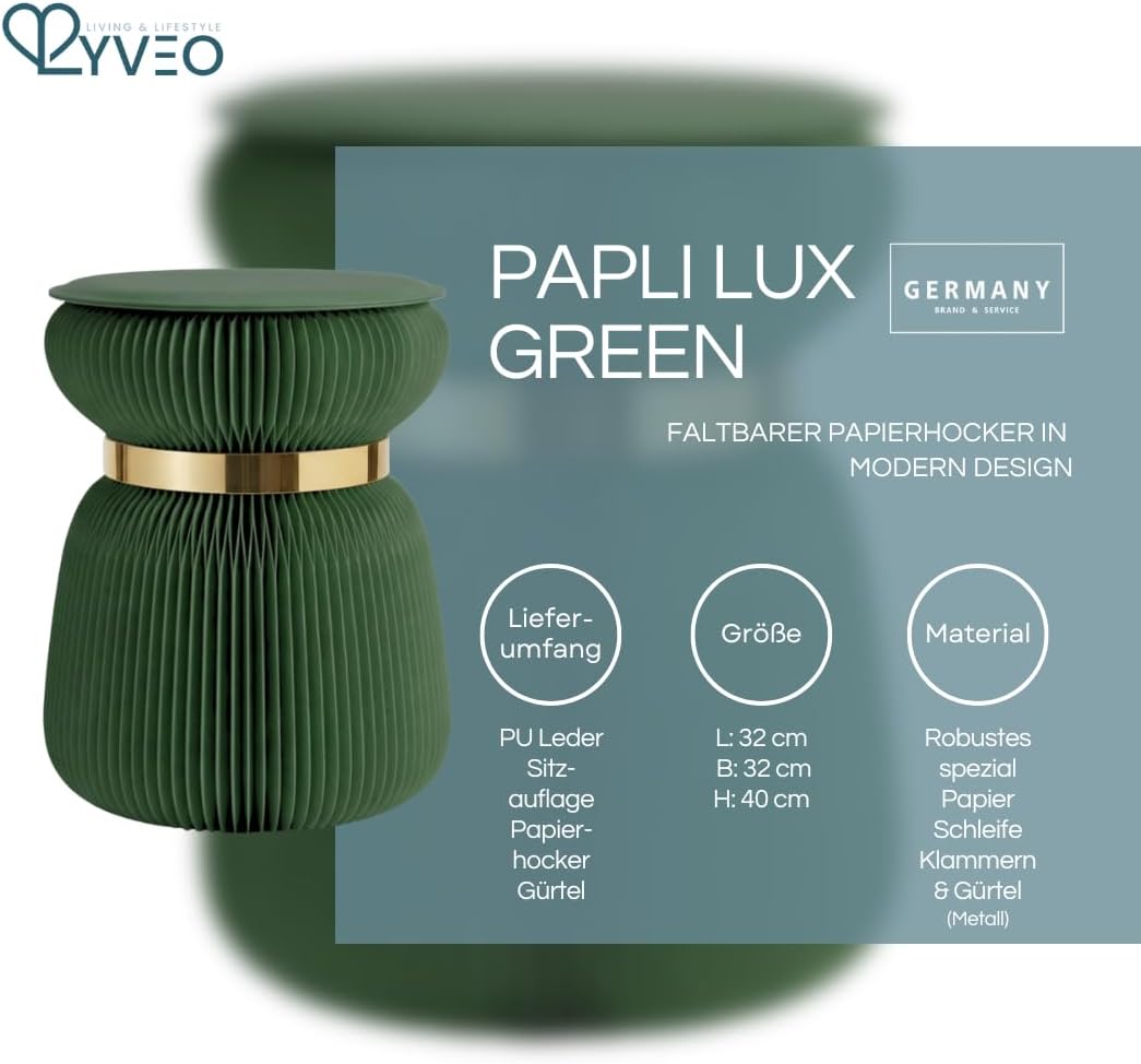 Papierhocker Papli Lux mit 180 Lamellen, Grün mit Goldenem Band